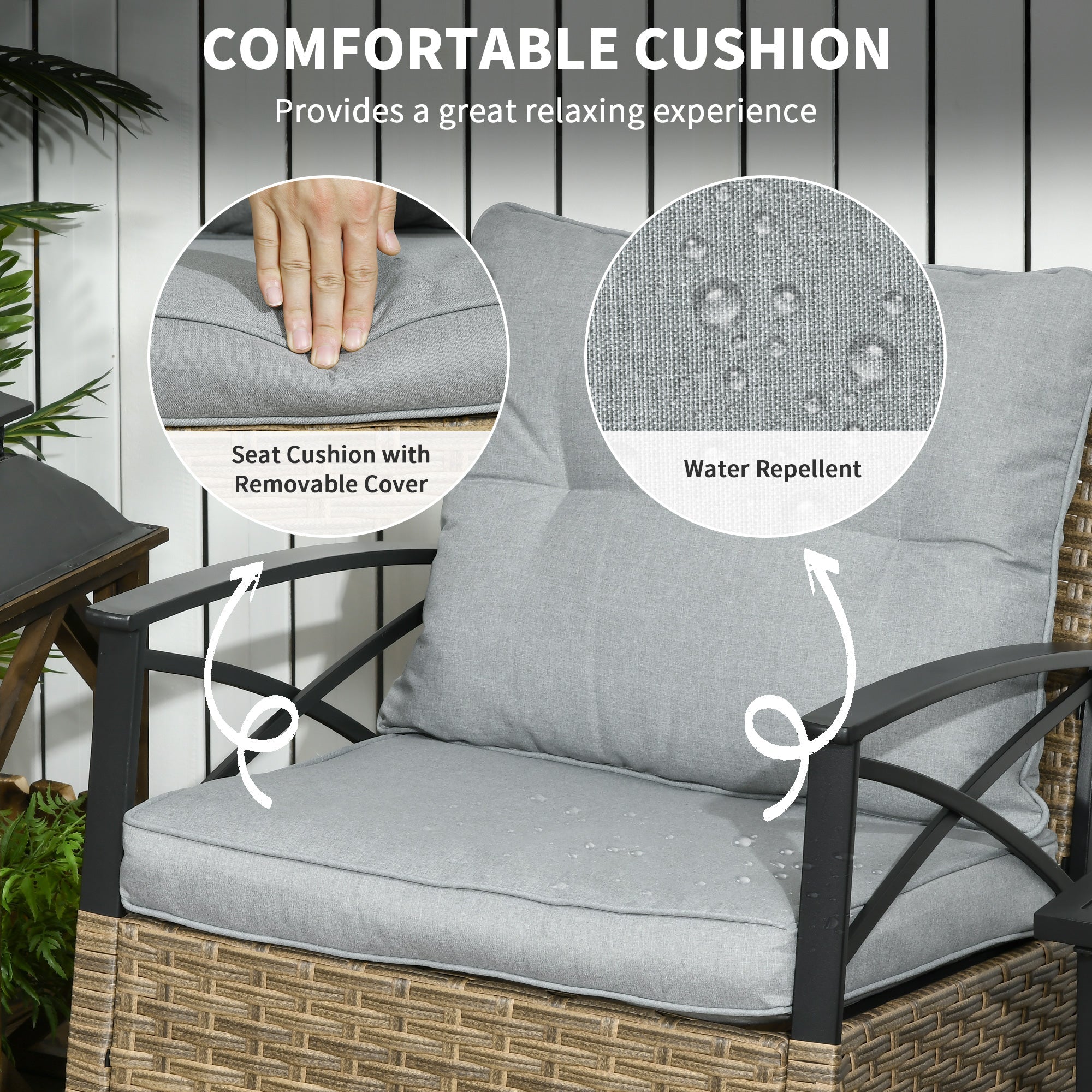 Outsunny Patio Wicker 3 Pieces Rocking Chair Set, PE Rattan Bistro Set with Padded Cushions, Rocker Chairs and Two-tier Iron Plate Top 