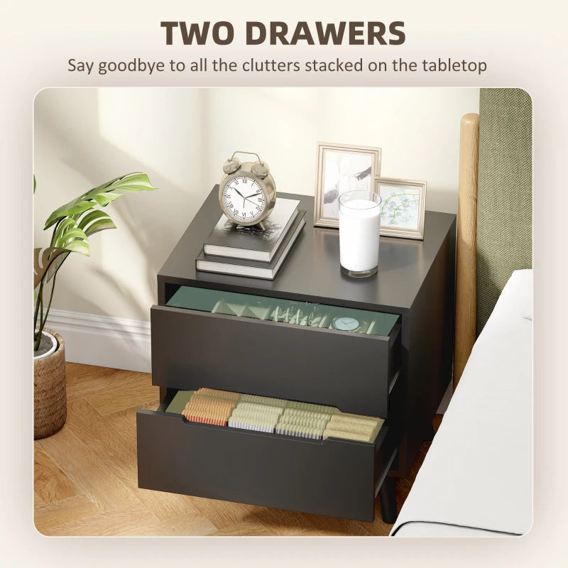 Nightstands Set of 2, Bedside Table with 2 Drawers, Modern Side End Table with Solid  Wood Legs for Bedroom, Black