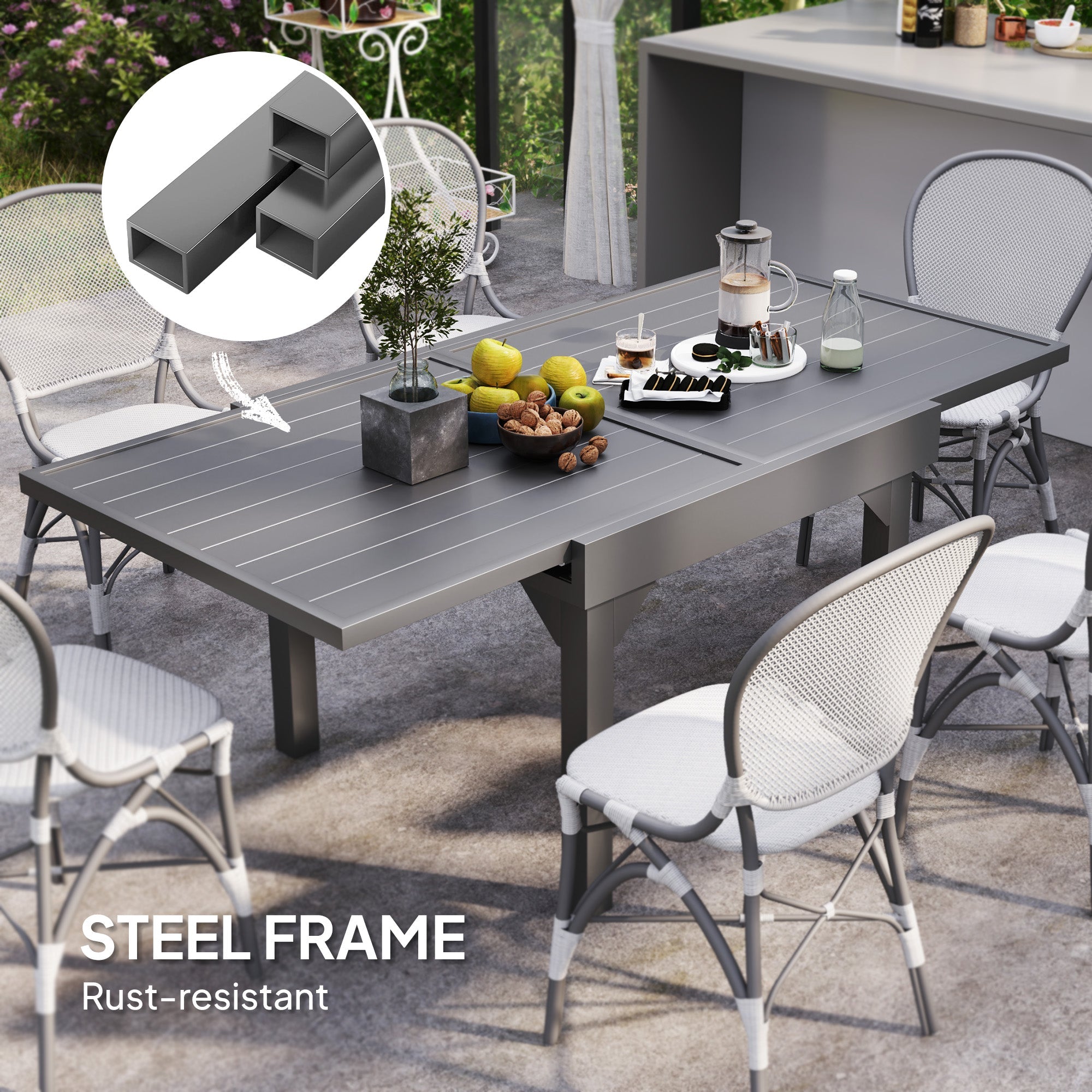 Outsunny 35"-71"  Extendable Aluminium Outdoor Dining Table, Slatted Top Patio Table for 4-6 Person, for Garden, Backyard, Grey 