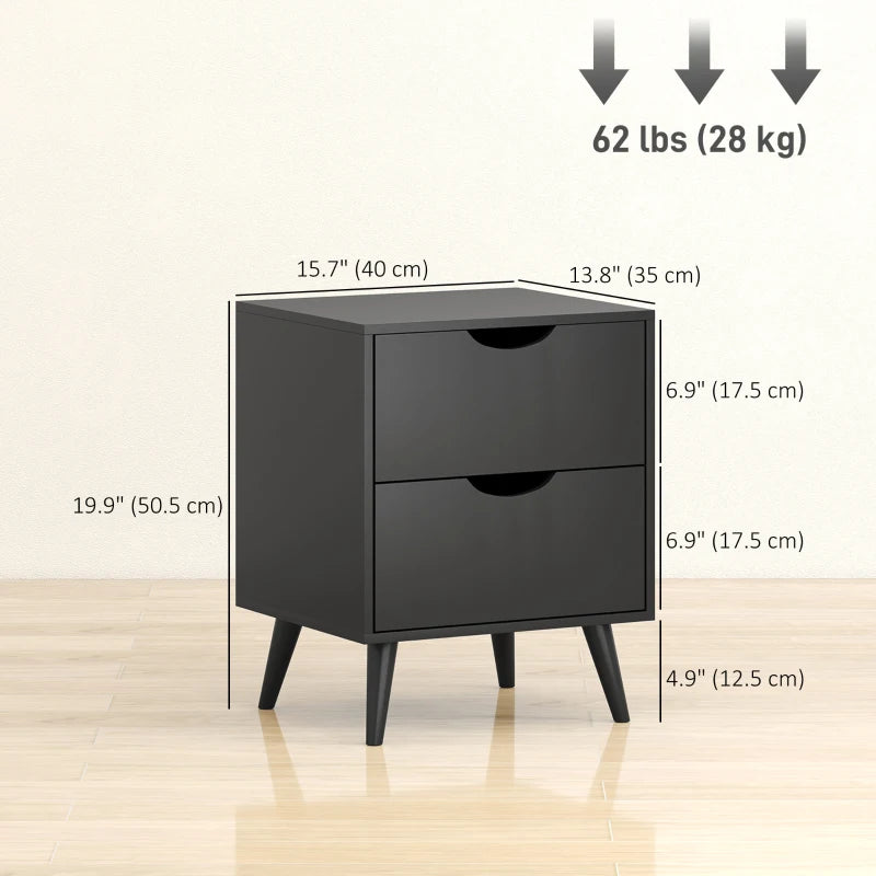 Modern Bedside Table Set of 2, Nightstand with 2 Drawers and Pine Wood Legs for Bedroom, Living Room, Black