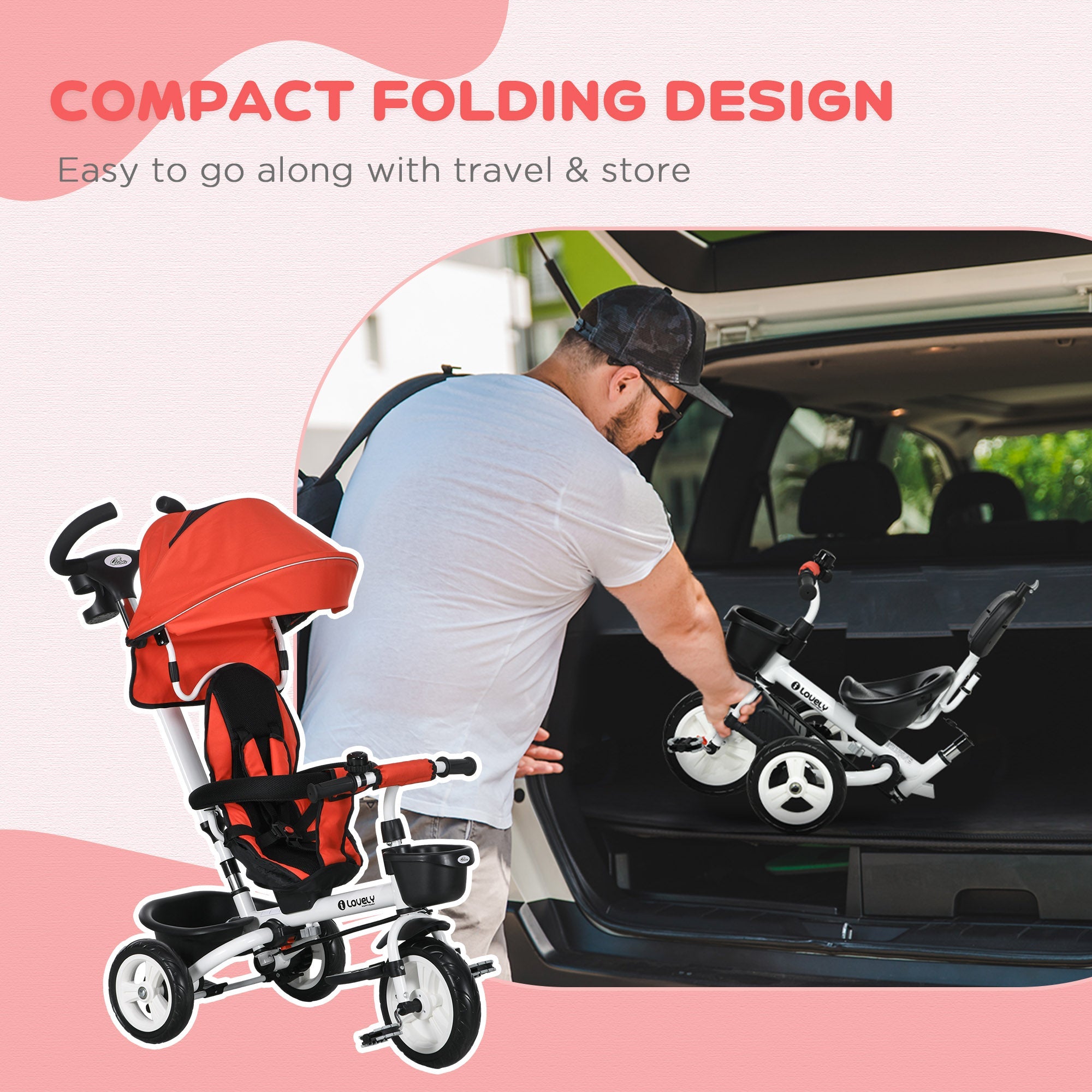 Qaba Red 6-in-1 Kids Trike with Parent Control Handle, Canopy, Storage, Cupholder - Outdoor Play Essential 