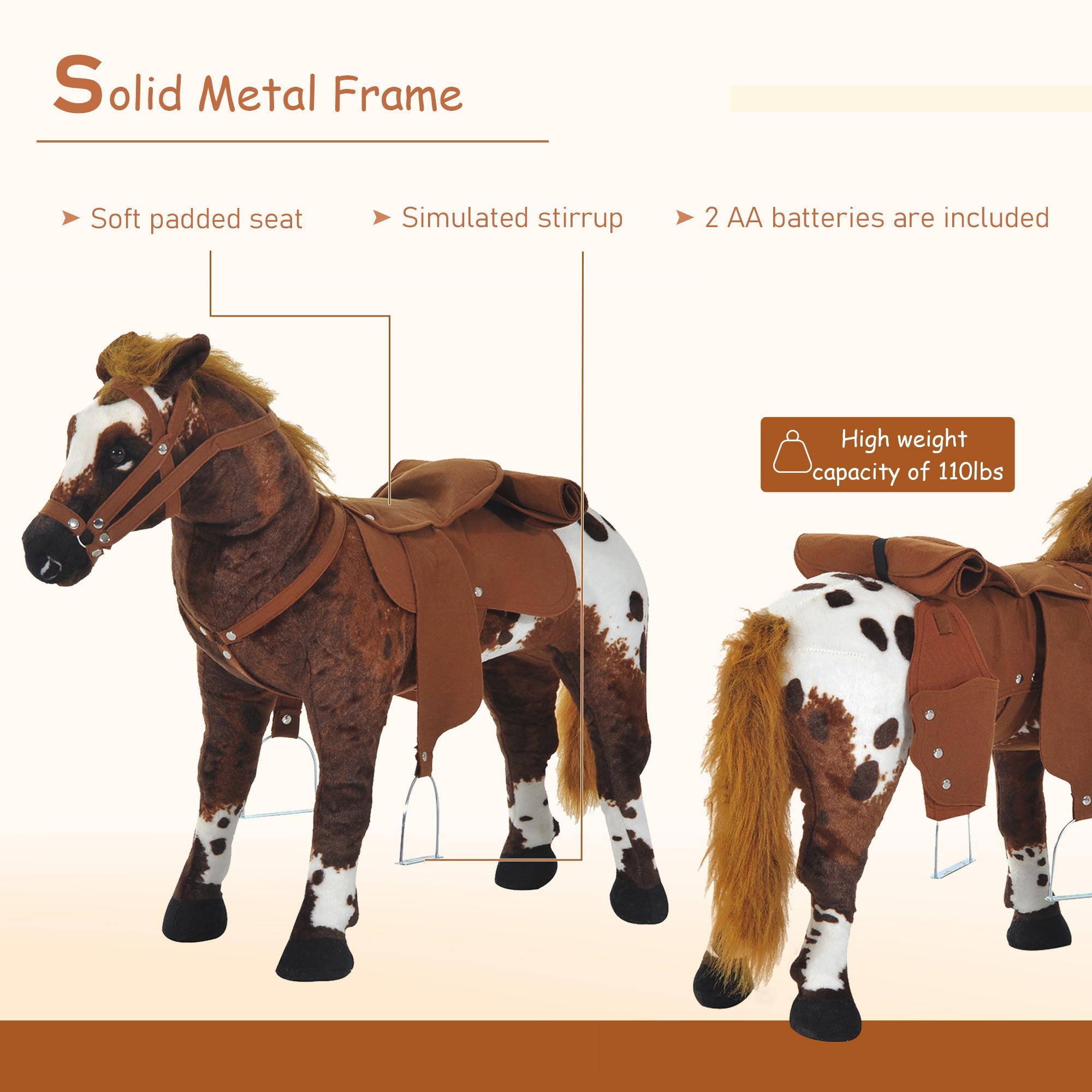Qaba Plush Standing Ride-On Pony for Kids - Brown Cowboy Horse Toy with Neighing Sound 