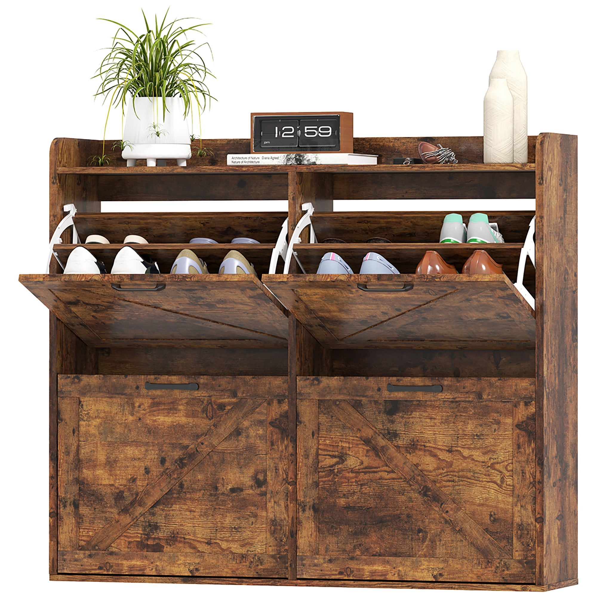 HOMCOM Narrow Shoe Storage Cabinet with 4 Flip Drawers, Adjustable Shelves, 16 Pair Farmhouse Shoe Cabinet, Rustic Brown 
