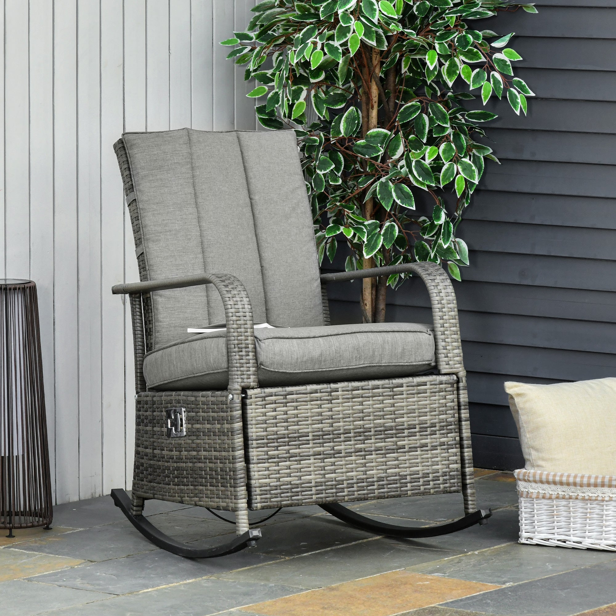 Outsunny Rattan Wicker Rocking Chair Outdoor Patio Recliner with Cushion Adjustable Footrest Grey 