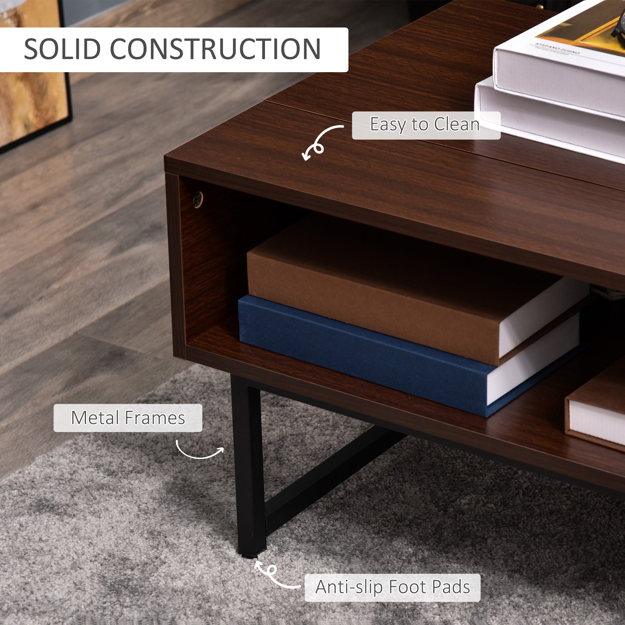 HOMCOM Modern Lift Top Coffee Table with Hidden Storage Compartment Metal Frame Center Table for Living Room Brown 