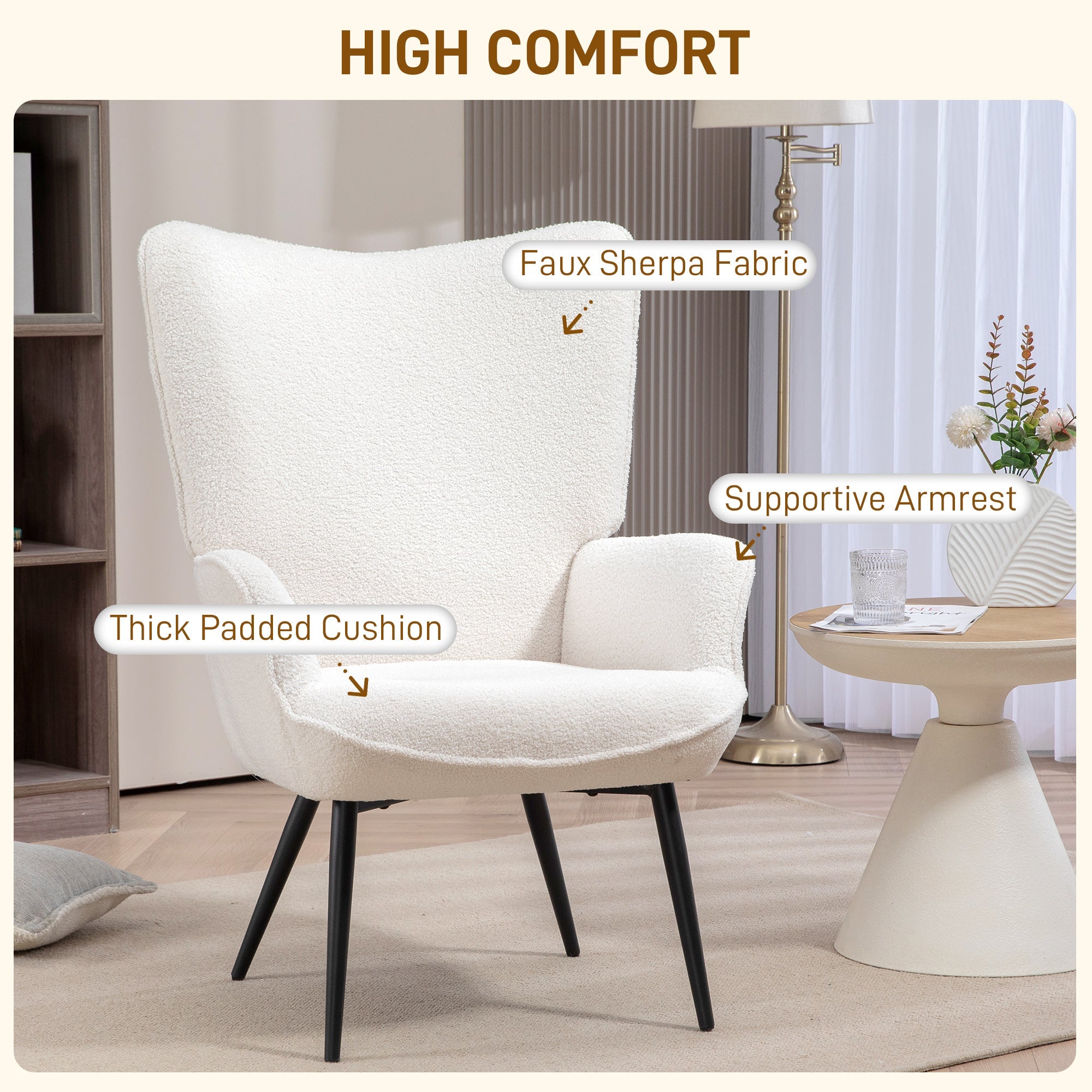 HOMCOM Accent Sherpa Chair, Upholstered Armchair, Fluffy Wingback Chair for Living Room, Reading Room, Cream White 