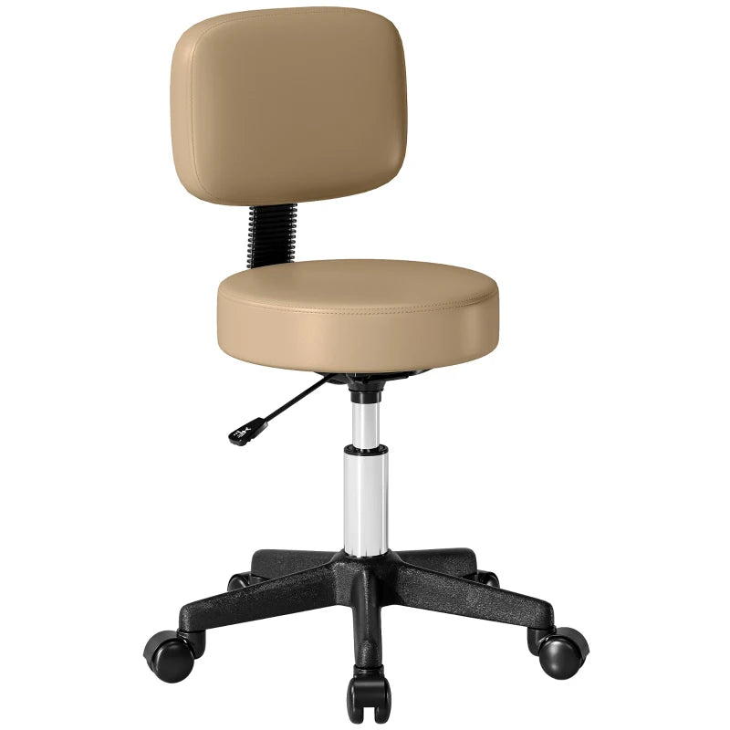 PU Leather Adjustable Rolling Stool, Round Swivel Drafting Stool with Back, Wheels, Light Brown