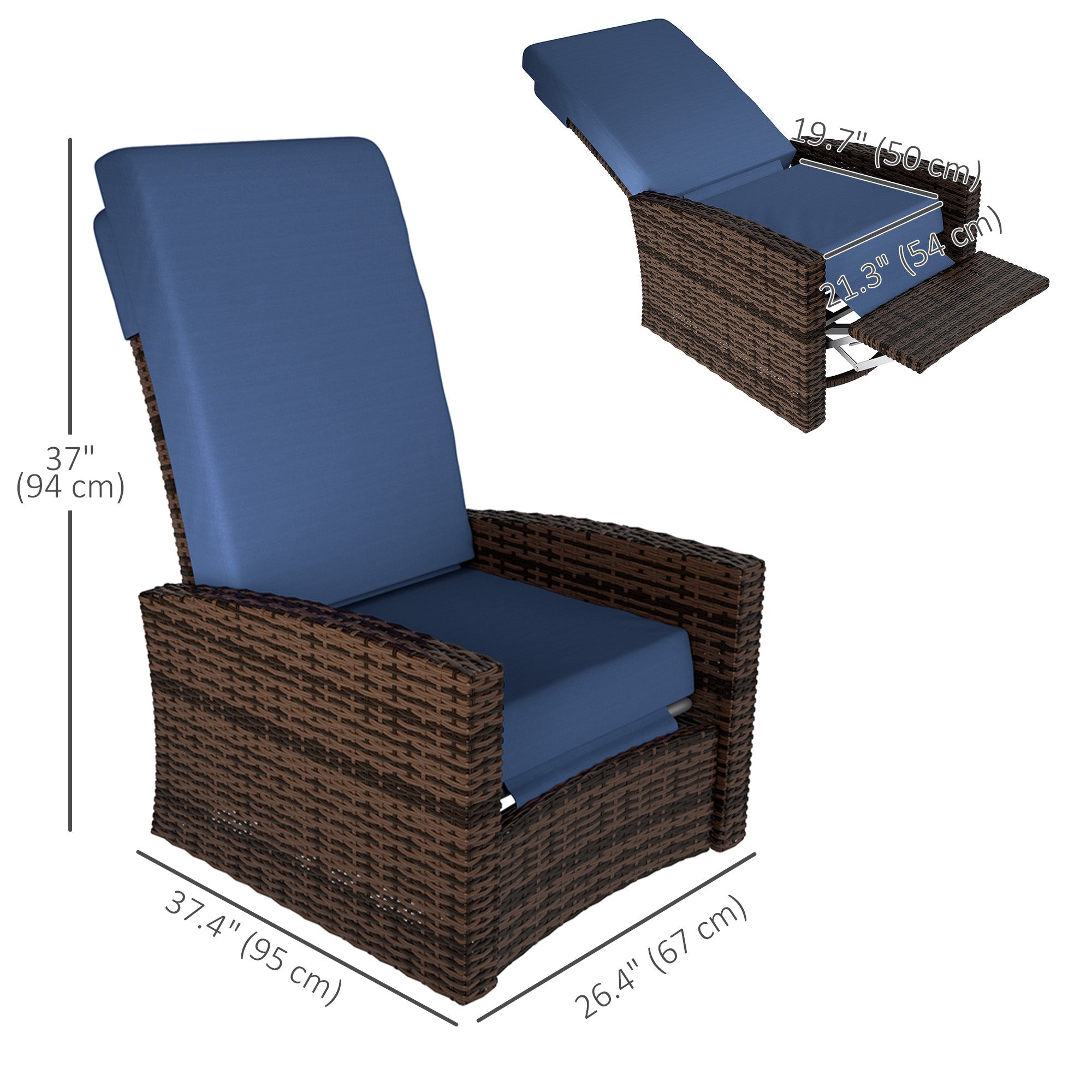 Outsunny Outdoor Rattan Wicker Lounge Chair with Footrest & Soft Cushion for Patio, Garden, Backyard, Dark Blue 