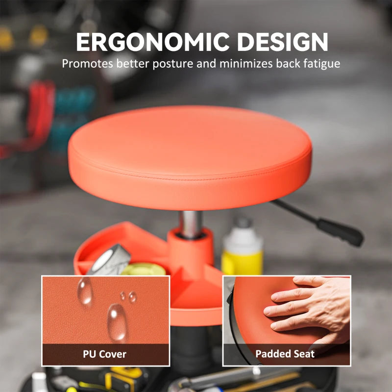 Rolling Garage Stool, 300 LBS Capacity Mechanic Stool with 2.5" Wheels, Tool Trays Storage, Adjustable Height, Orange