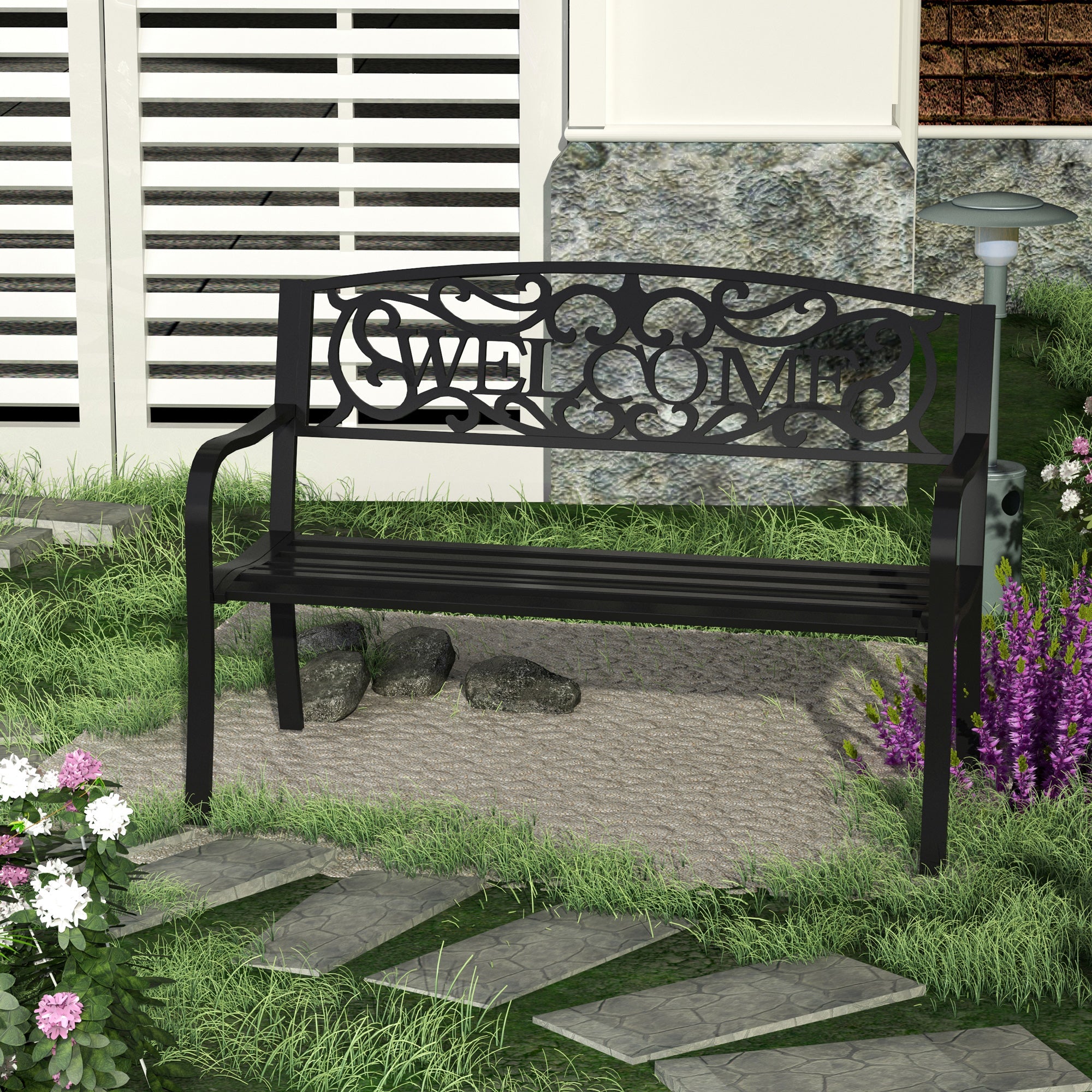 Outsunny Garden Bench 50" 2-Seater Patio Decorative Metal Loveseat Romantic Black 