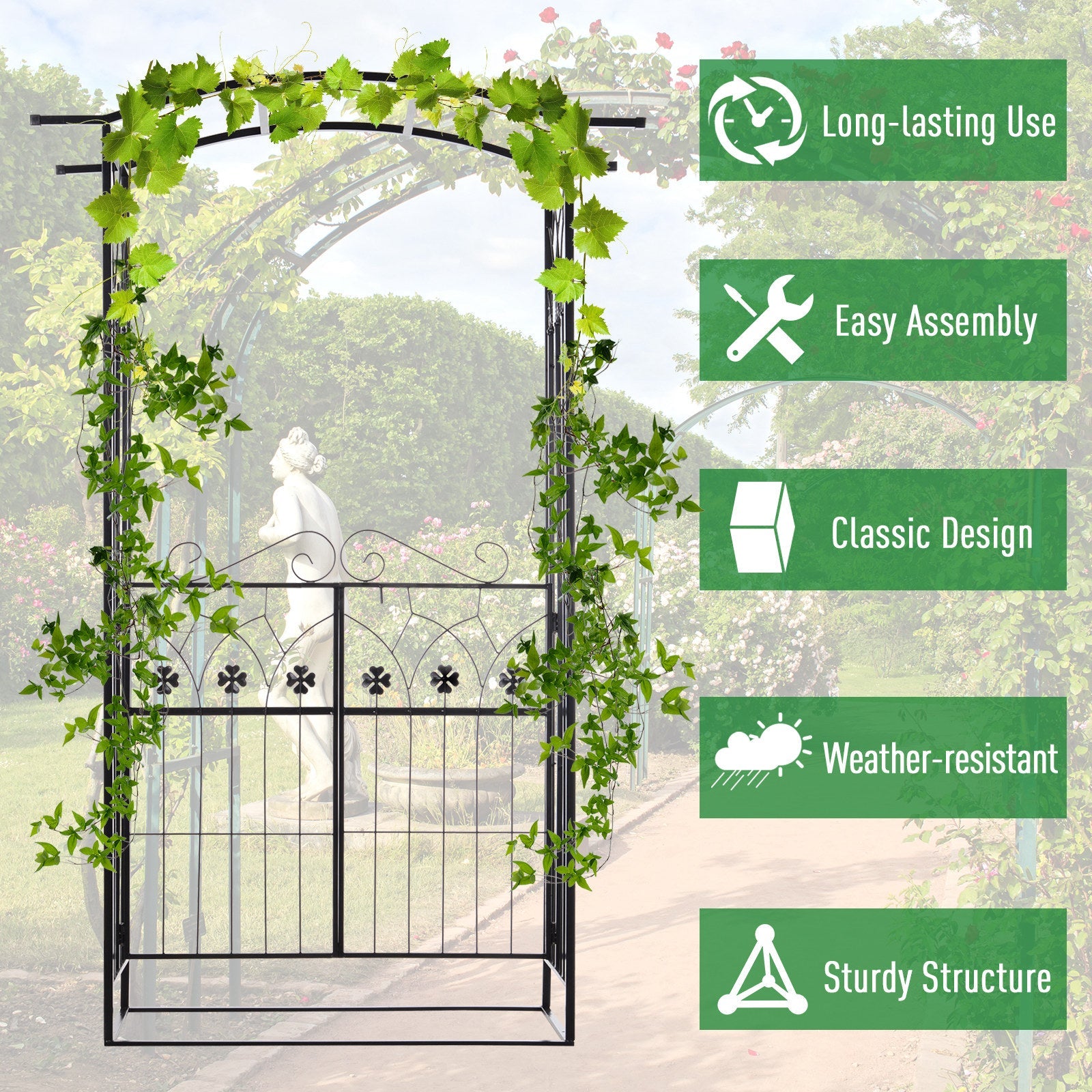 Outsunny Outdoor Metal Trellis Garden Arch Arbor w/ Lucky Leaf Clover Gate for Ceremony Wedding Party Garden Lawn, Black 