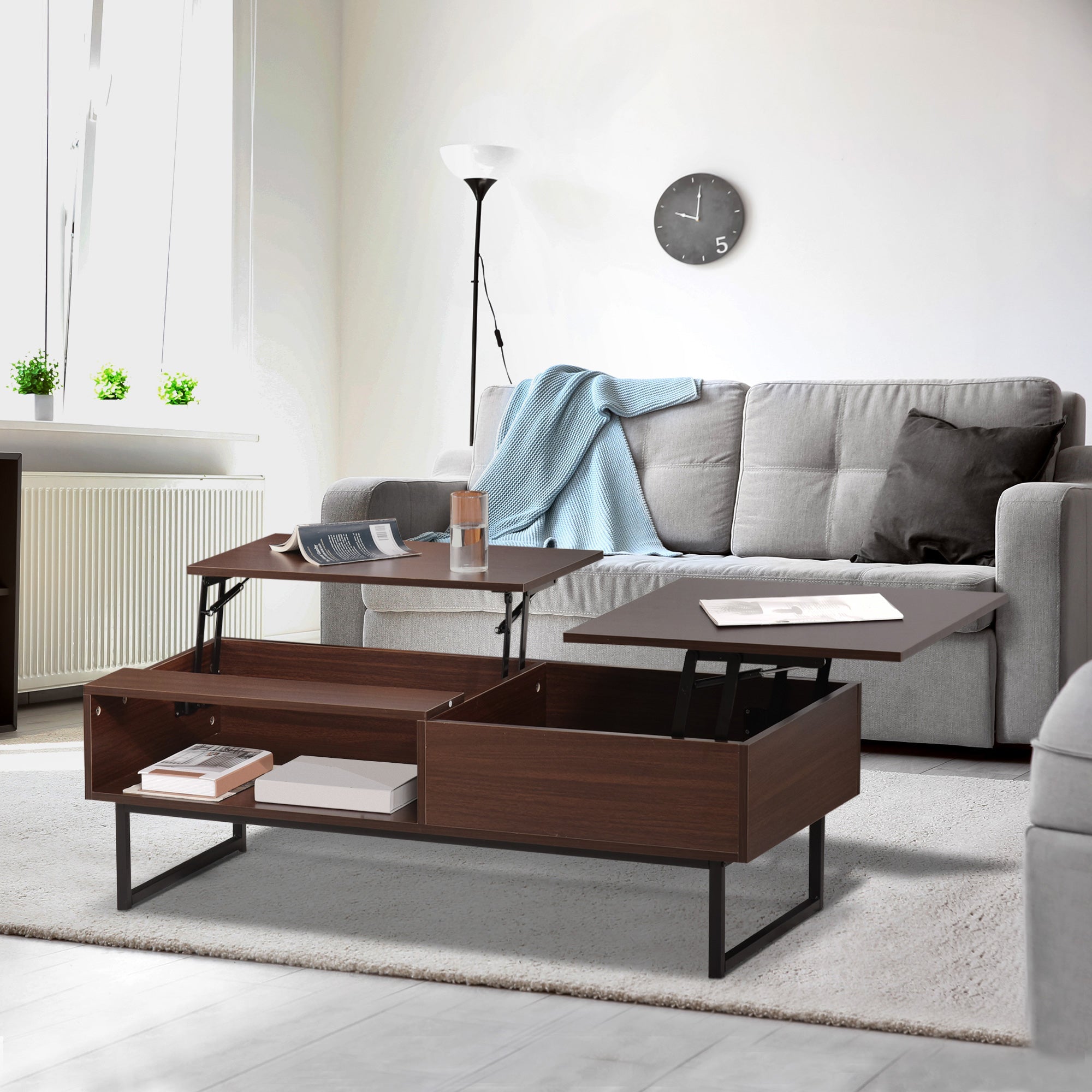 HOMCOM Modern Lift Top Coffee Table with Hidden Storage Compartment Metal Frame Center Table for Living Room Brown 