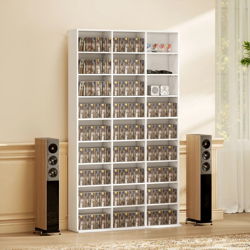 Media Storage Cabinet, 9-Tier DVD Shelf with 21 Adjustable Shelves, Holds 835 CDs, 500 DVDs or 640 Blu-rays, White