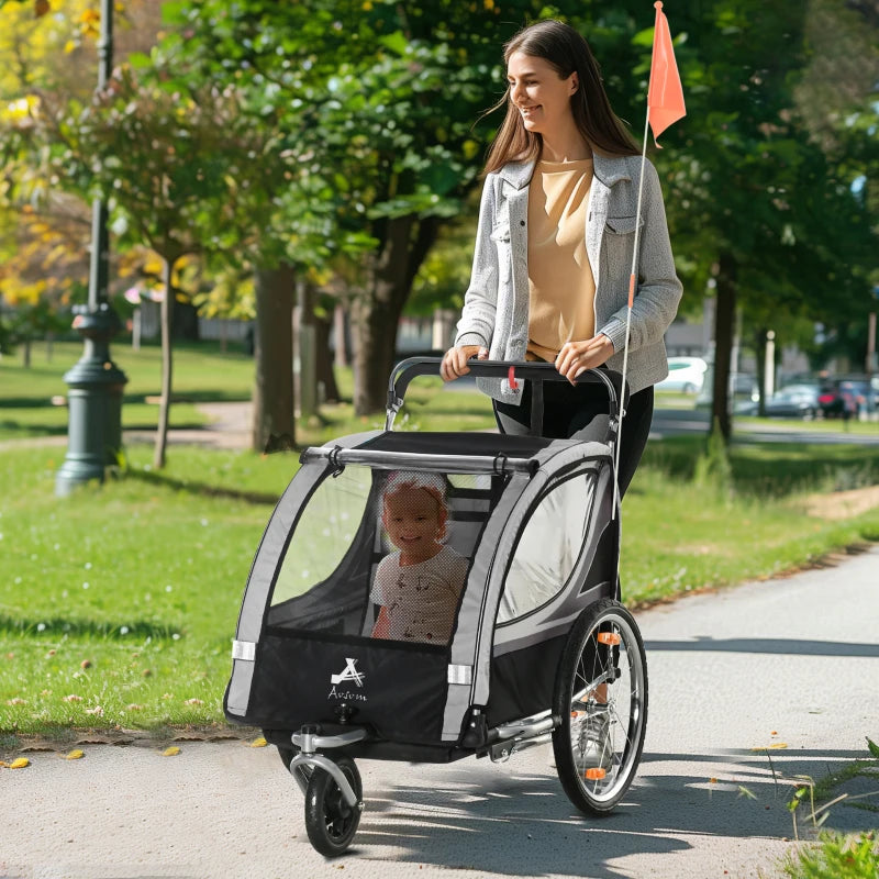 Aosom 2 Seat Bike Trailer for Kids 2-in-1 Baby Stroller with Handbrake, Rubber Wheels, 5 Point Harness, Reflectors, Grey