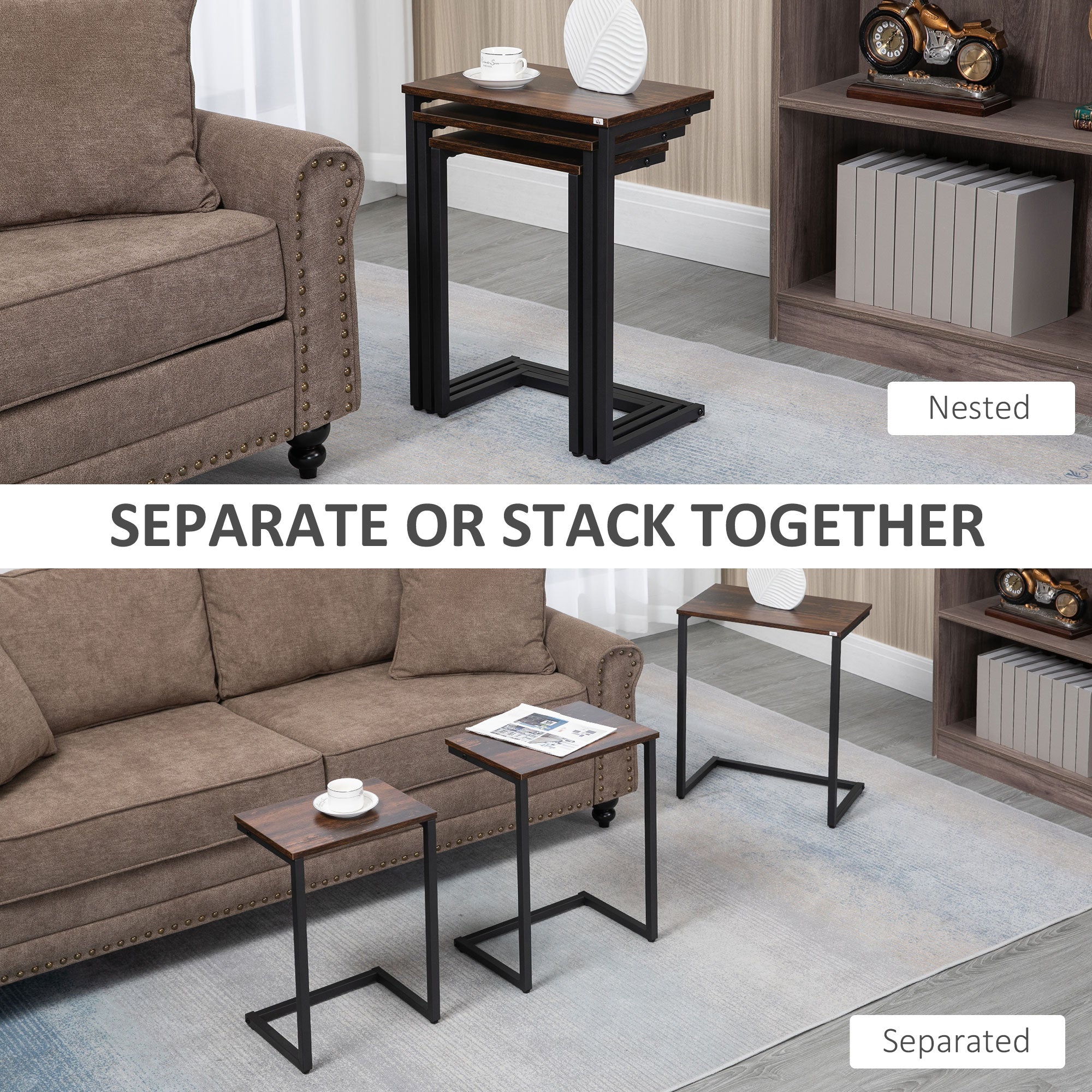 HOMCOM Rustic Nesting Tables: Set of 3 C-Shaped Snack Side Tables with Steel Frame for Sofa, Couch and Bed, Vintage Brown 