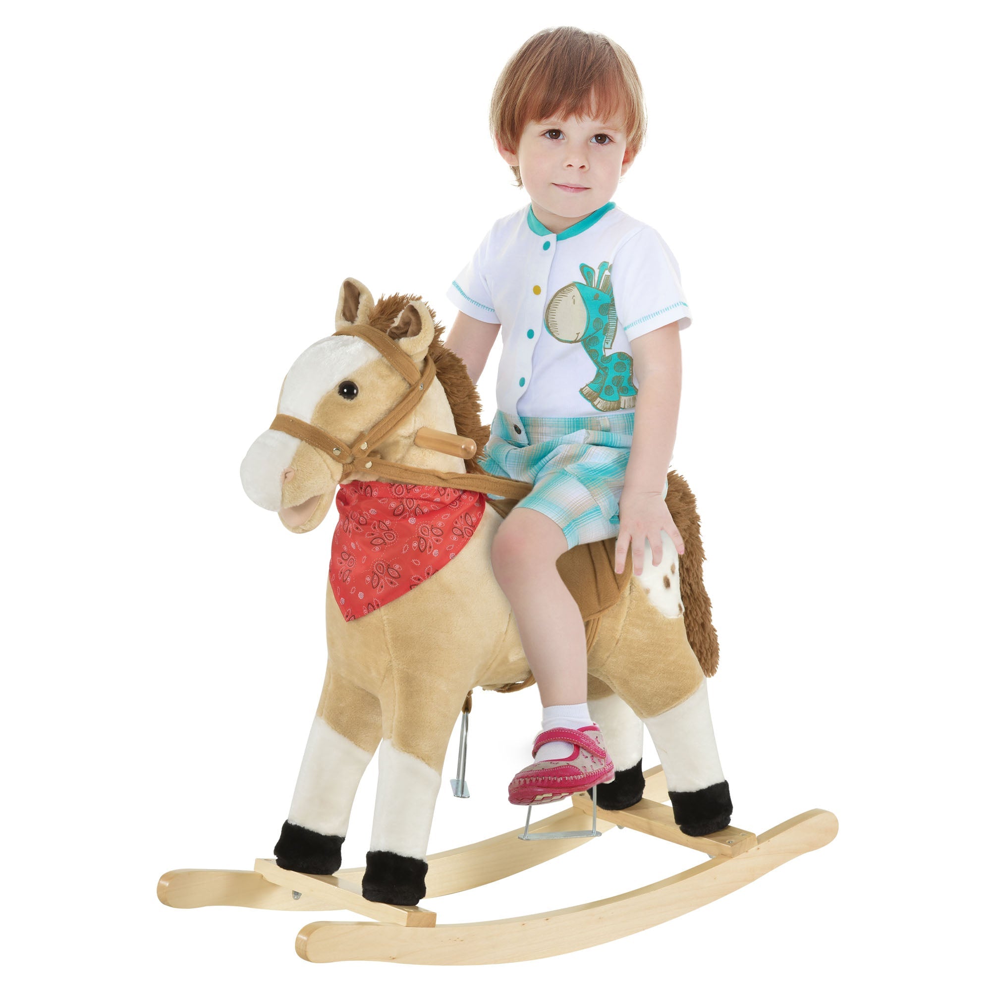 Qaba Kids Plush Ride-On Rocking Horse Toy Cowboy Rocker with Fun Realistic Sounds for Child 3-8 Years Old, Beige 