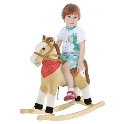 Qaba Kids Plush Ride-On Rocking Horse Toy Cowboy Rocker with Fun Realistic Sounds for Child 3-8 Years Old, Beige 
