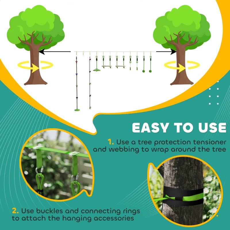 Qaba Obstacle course for Kids, with 10-Piece Slackline Kit with Monkey Bars, Gym Rings, Rope Ladder, Nest Swing, Hanging Tray