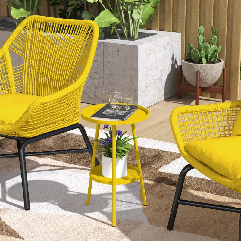 Round Garden Table, 2-Tier Small Side Table, Metal Patio Table Coffee Table Dining Table, Yellow