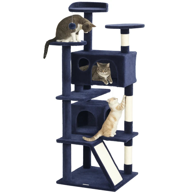 54" Cat Tree, Multi-Level Cat Tower with Scratching Posts, Cat Condos, Bed, Platforms, Ramp, Toy Ball, Dark Blue