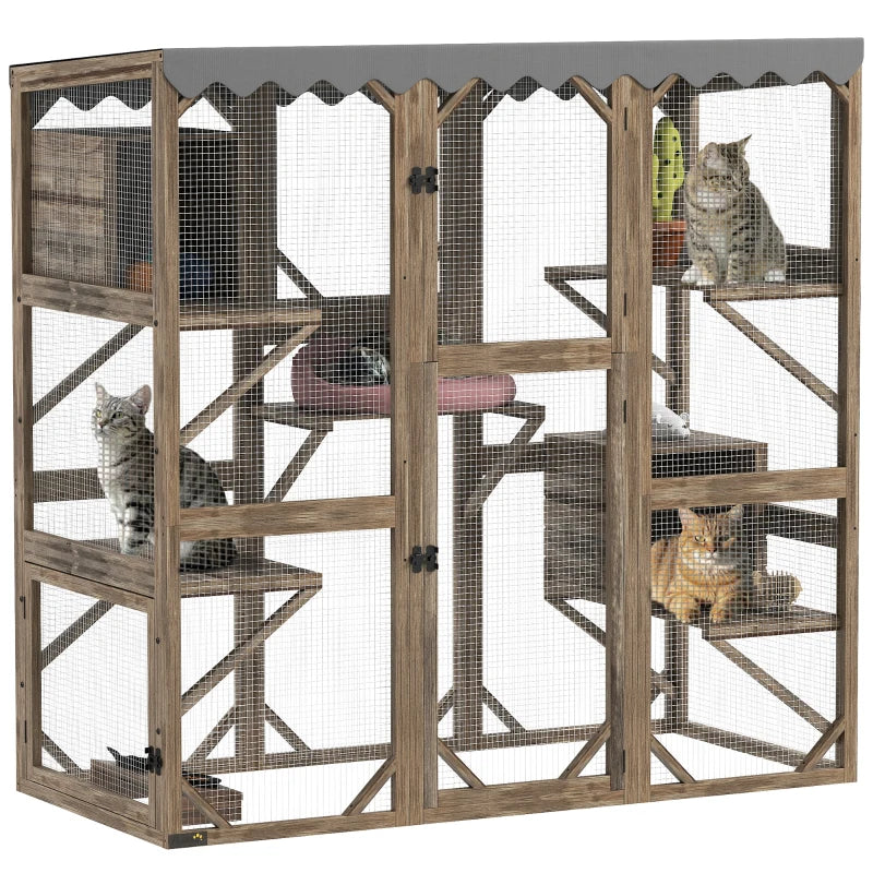 Wooden Catio Outdoor with Window Access, Waterproof Cover, Relaxing Condo, 5 Platforms, Doors, 59" x 28" x 59", Brown