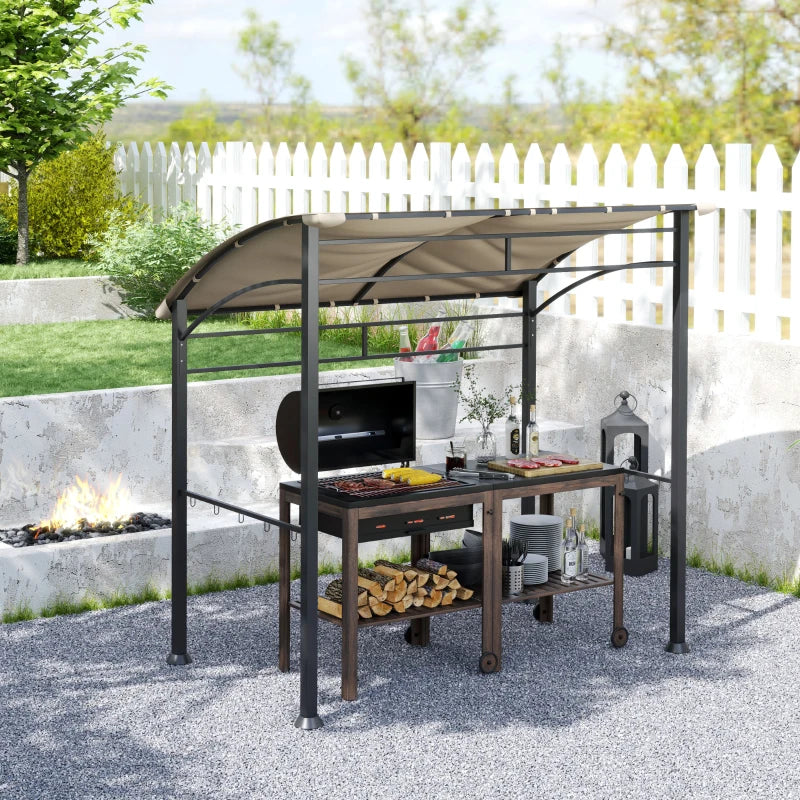 7' x 5' BBQ Grill Gazebo Tent, Garden Grill Canopy with Steel Frame and Hooks, Outdoor Sun Shade, Khaki