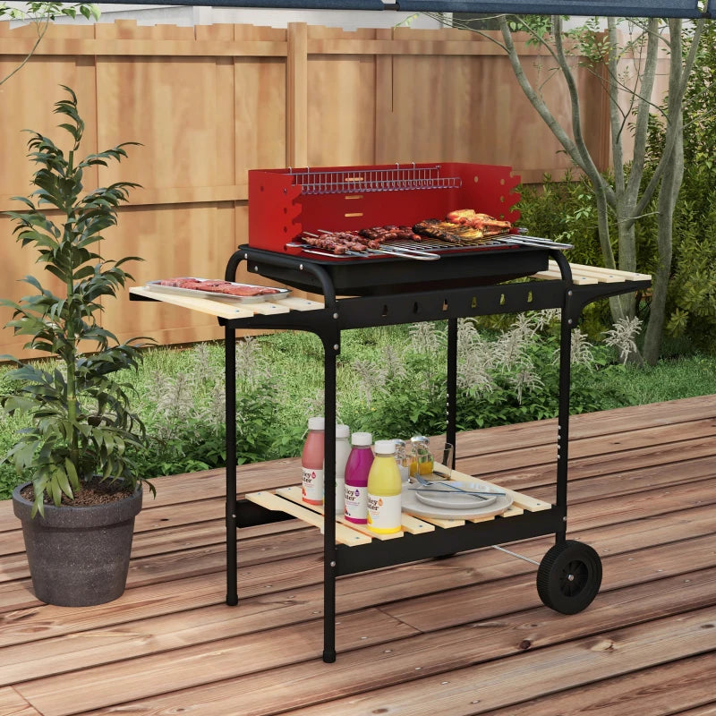 Charcoal Barbecue Grill with Adjustable Grill Height, Portable BBQ Trolley with Ash Catcher and Wheels, Red