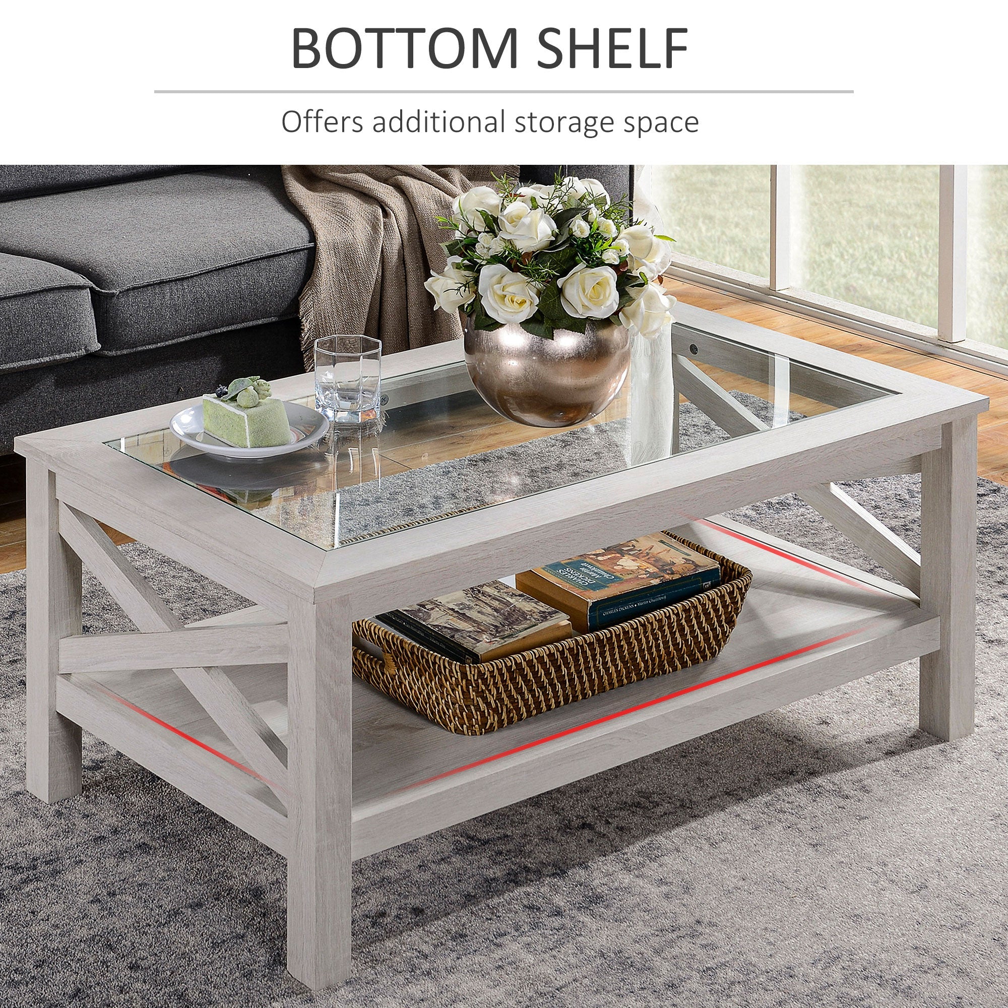 HOMCOM Farmhouse Glass Top Coffee Table: 2-Tier Center Table with Bottom Storage Shelf for Living Room, Bedroom 