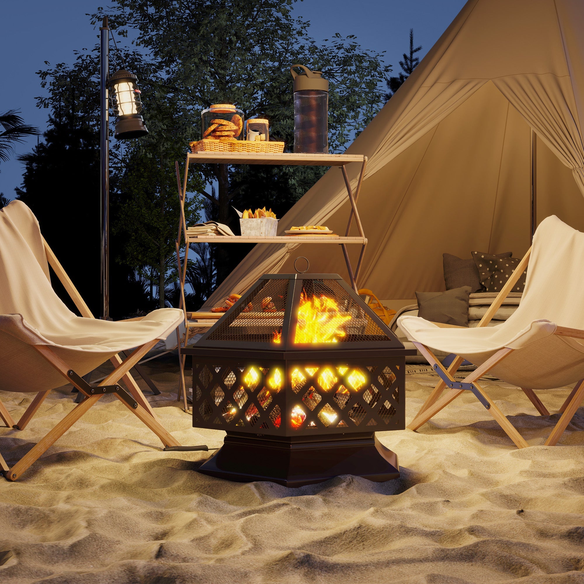 Outsunny 28" Outdoor Fire Pit Wood Burning Firepit with BBQ Grill, Spark Screen, Poker for Patio Backyard Camping Picnic Bonfire 