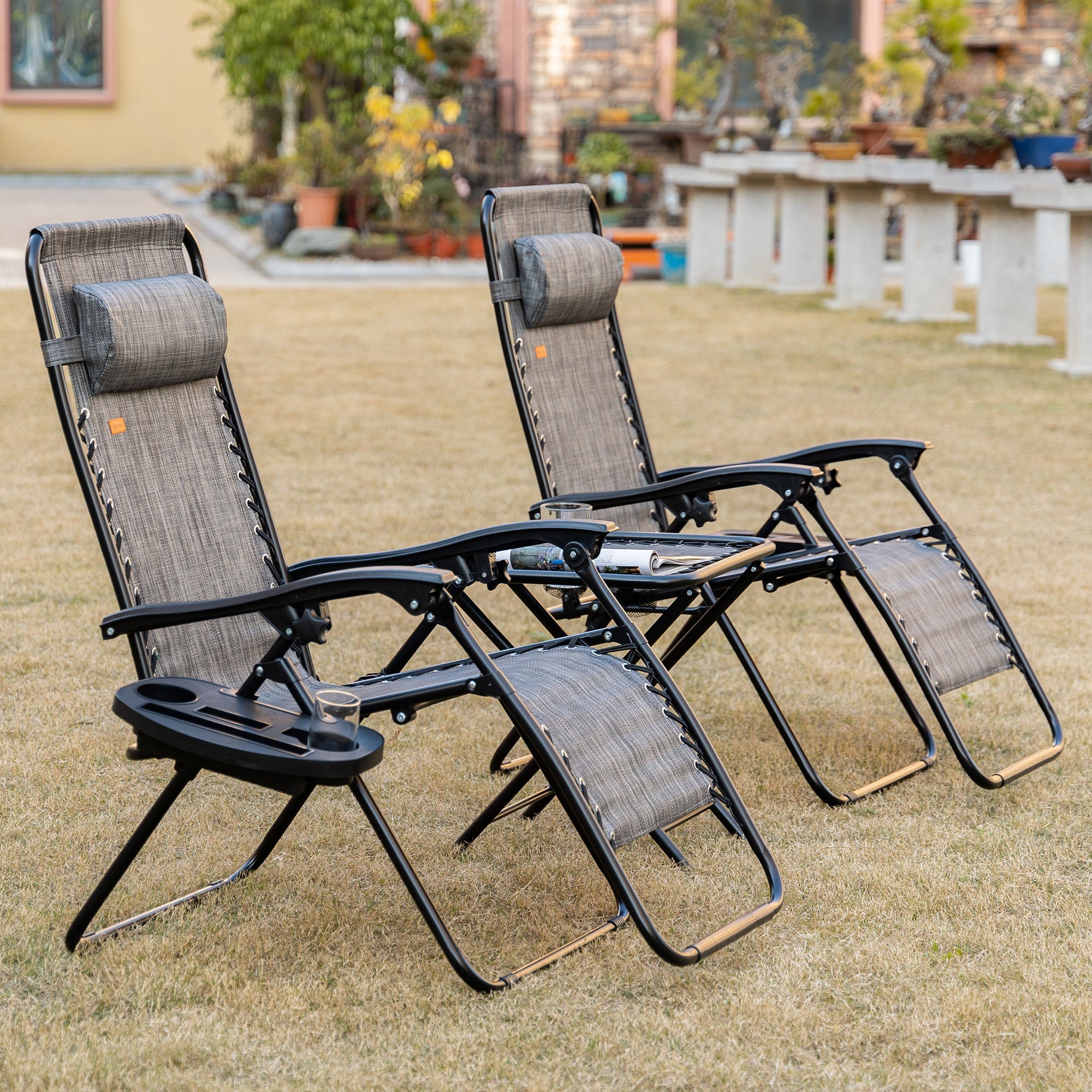 Outsunny Zero Gravity Chair Set of 2 Patio Chair with Side Table Cupholders and Pillows for Pool, Backyard, Lawn, Beach, Grey 