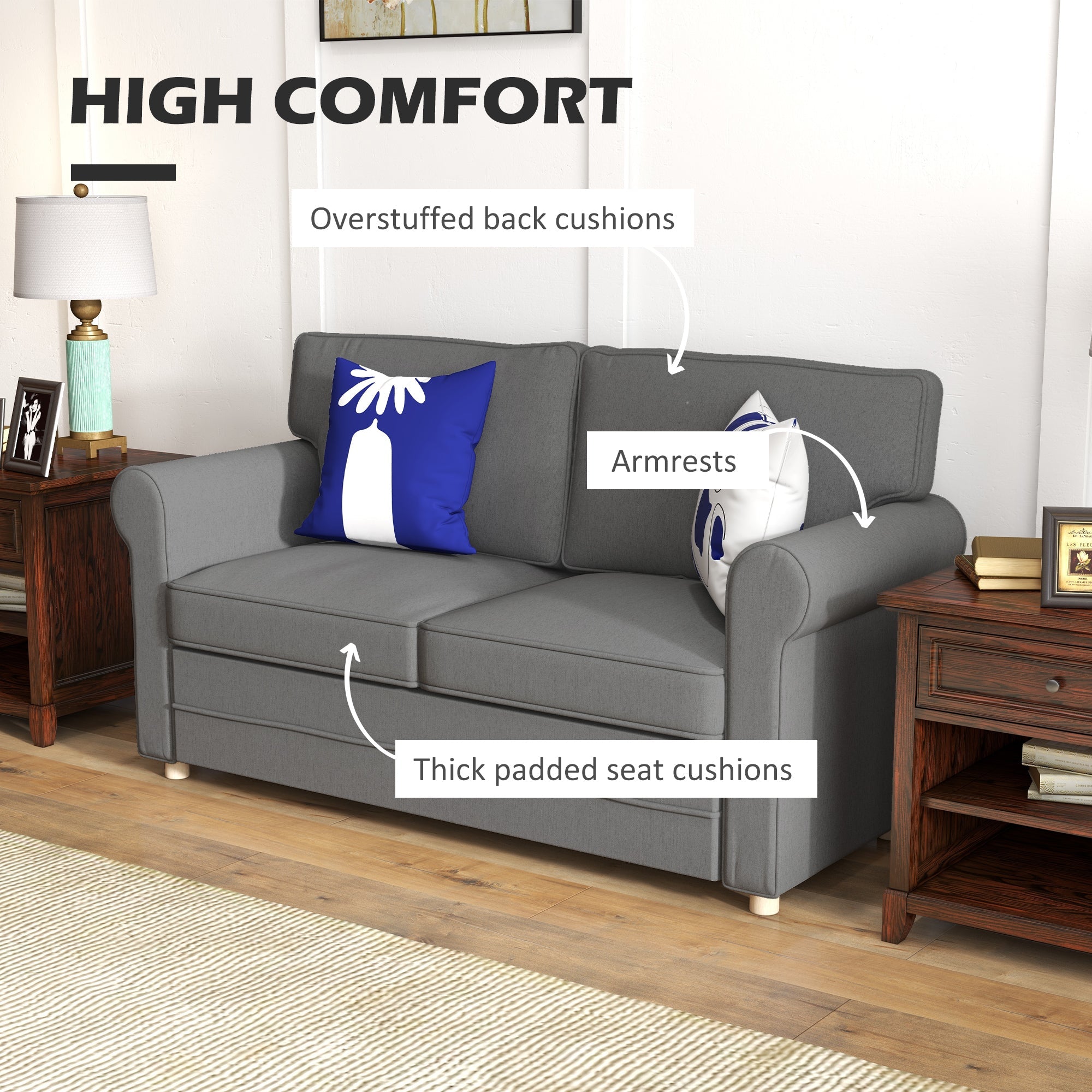 HOMCOM 59" Loveseat Sofa for Bedroom Modern Love Seats Furniture Upholstered 2 Seater Couch with Solid Steel Frame Dark Grey 