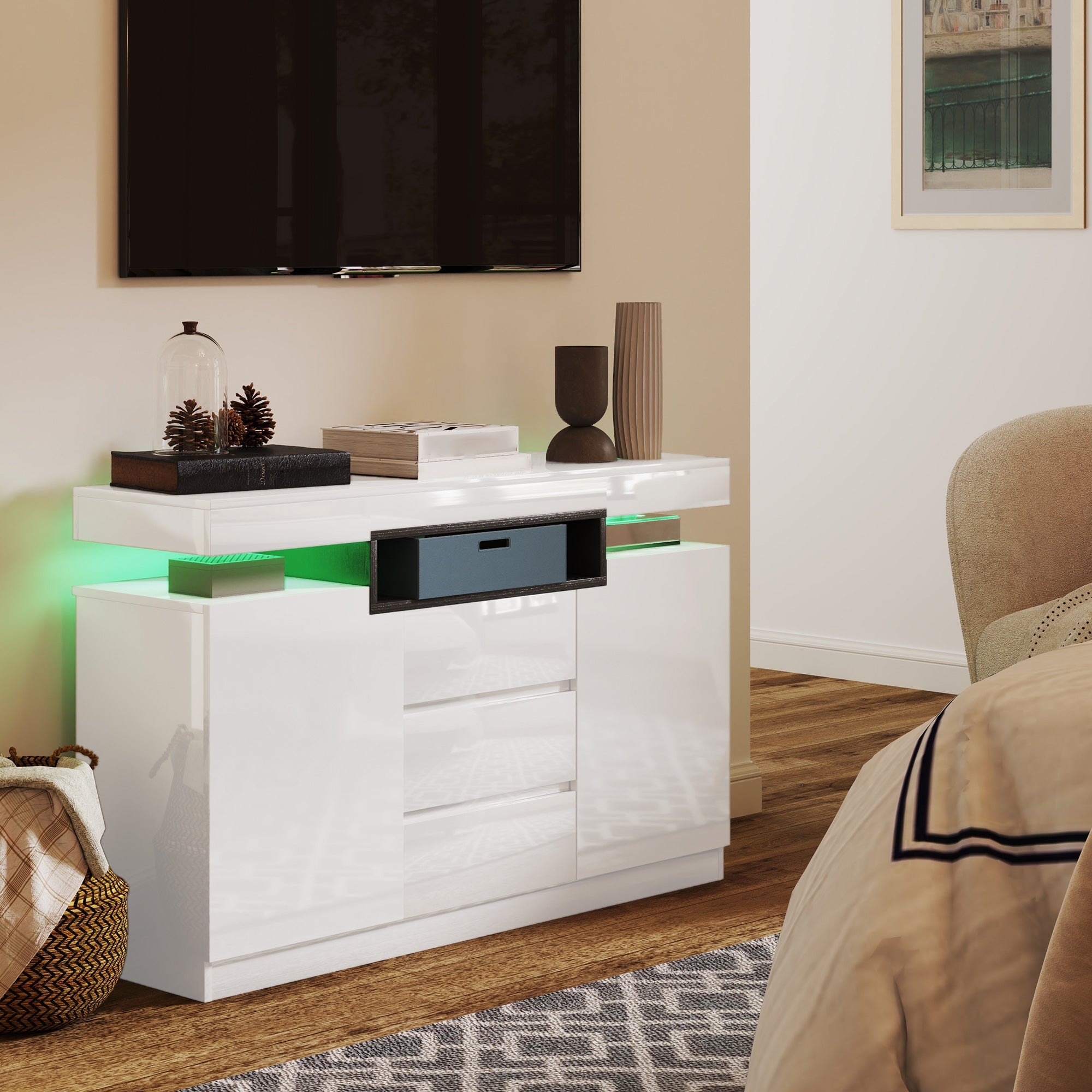HOMCOM Sideboard Storage Cabinet with LED Lights, White 