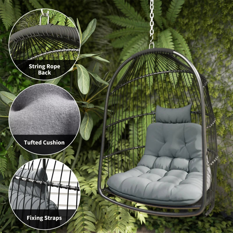 Hanging Egg Chair, Foldable Rattan Garden Swing Chair with Installation Kit, Thickened Cushion and Headrest, Dark Grey