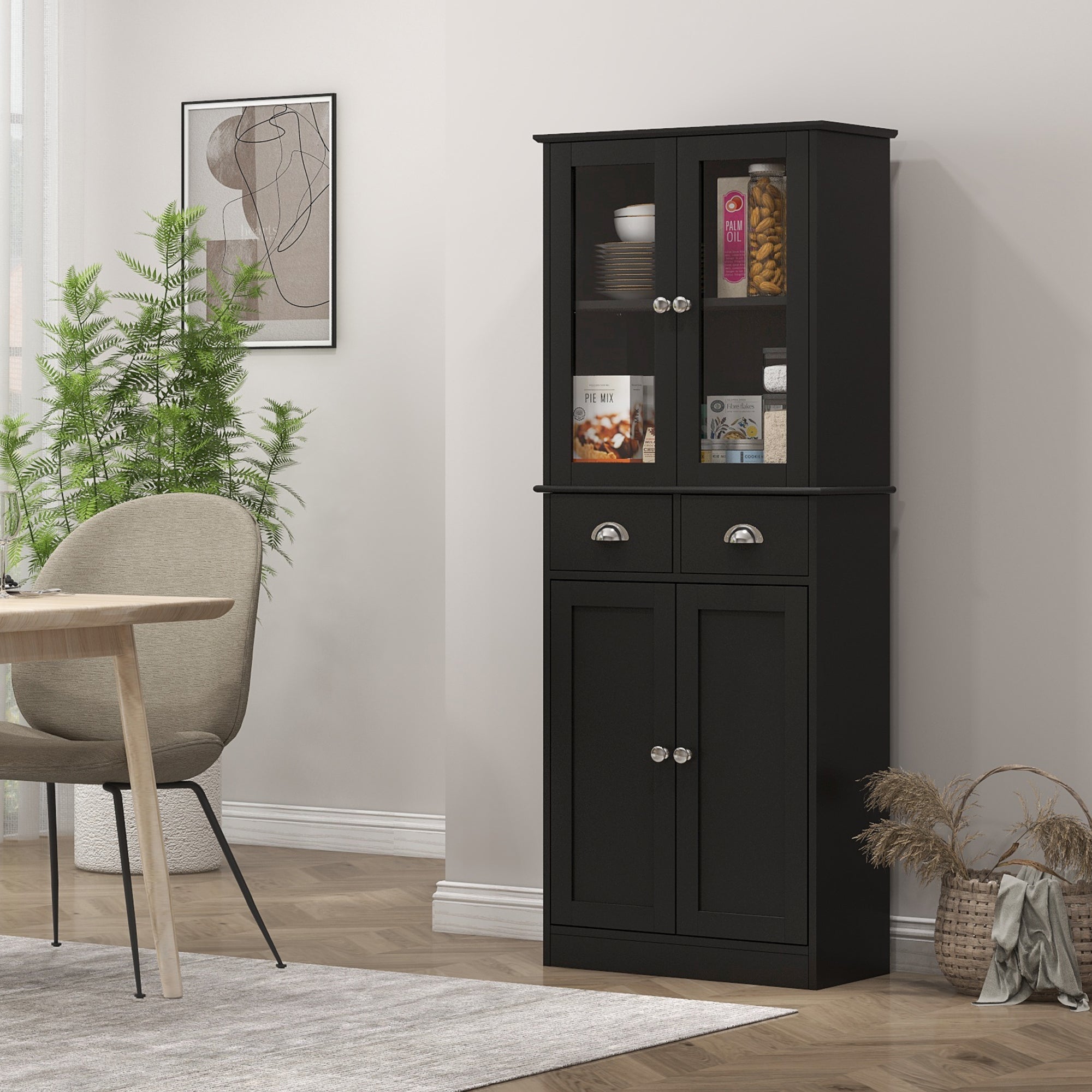 HOMCOM 61" Kitchen Pantry Cabinet, Freestanding Farmhouse Storage Cabinet with Soft Close Glass Doors and Adjustable Shelves, Black 