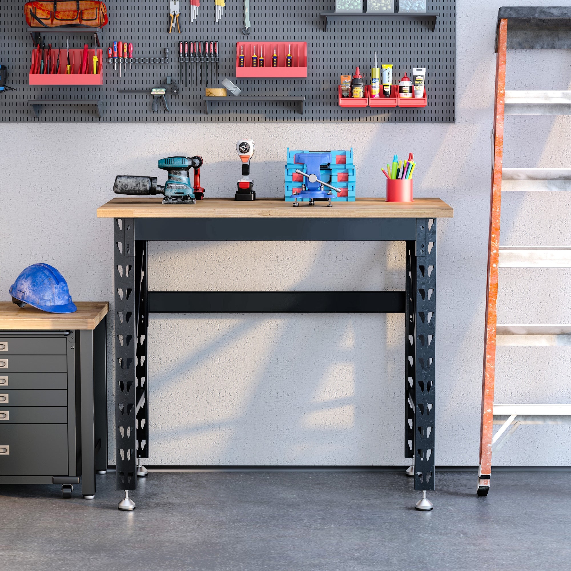 HOMCOM Solid Craftsmanship: 45" Solid Wood Workbench, Adjustable Foot Pads, 1100 Lbs Capacity for Robust Workshop Performance 