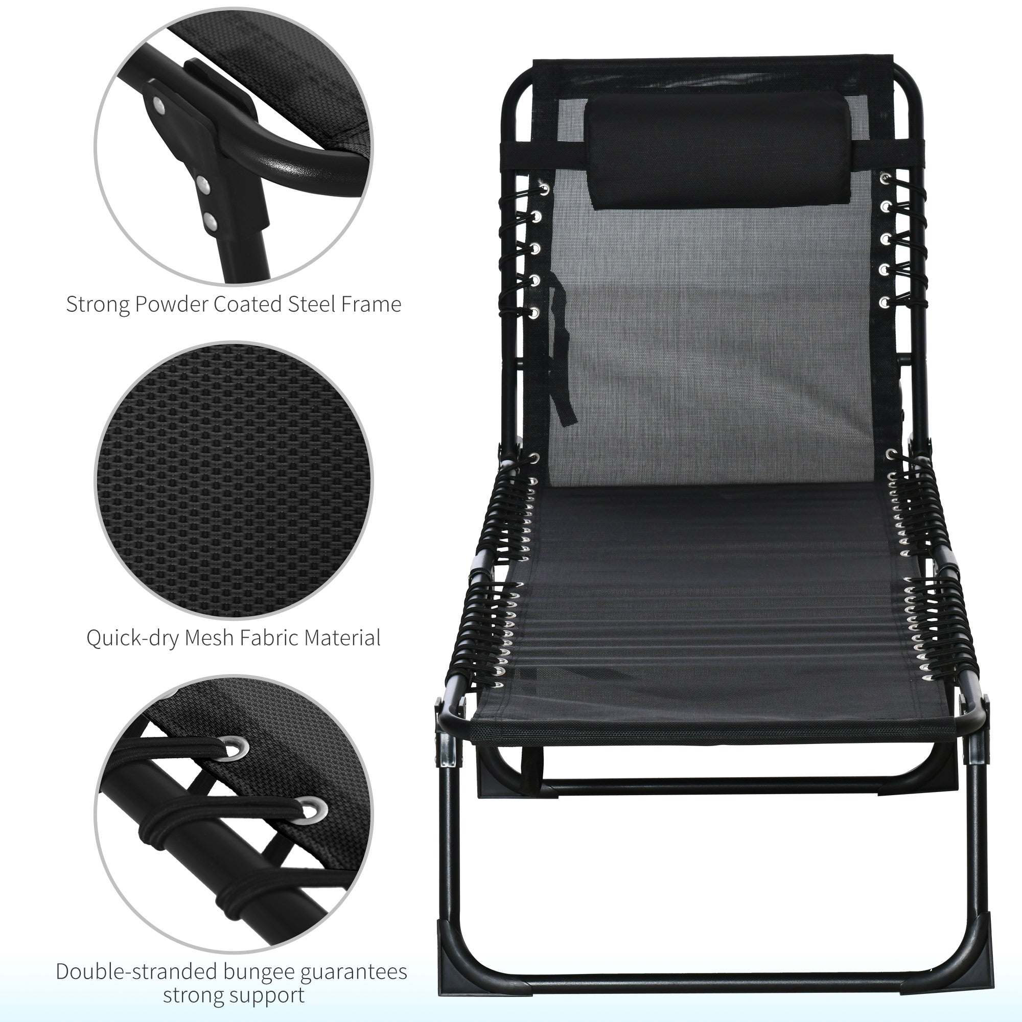 Outsunny Adjustable Folding Beach Bed 4-Level Reclining Lounger Lightweight Portable Camping Black 