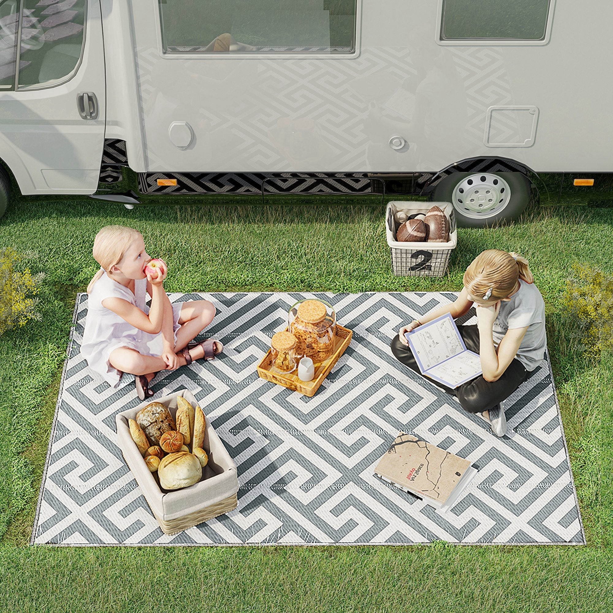 Outsunny Reversible Outdoor RV Rug, Patio Floor Mat, 5' x 8' Plastic Straw Rug for Backyard, Deck, Beach, Camping, Grey & White 