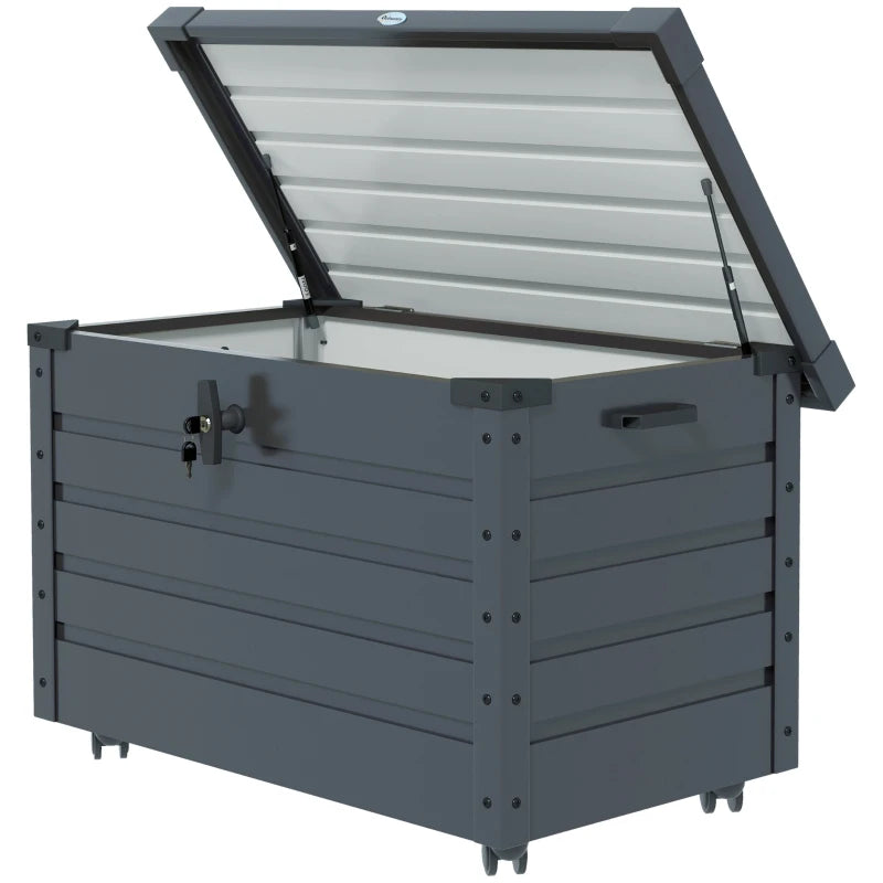 78 Gallon Garden Storage Box, Waterproof Outdoor Storage Container with Wheels and Handles, Dark Grey