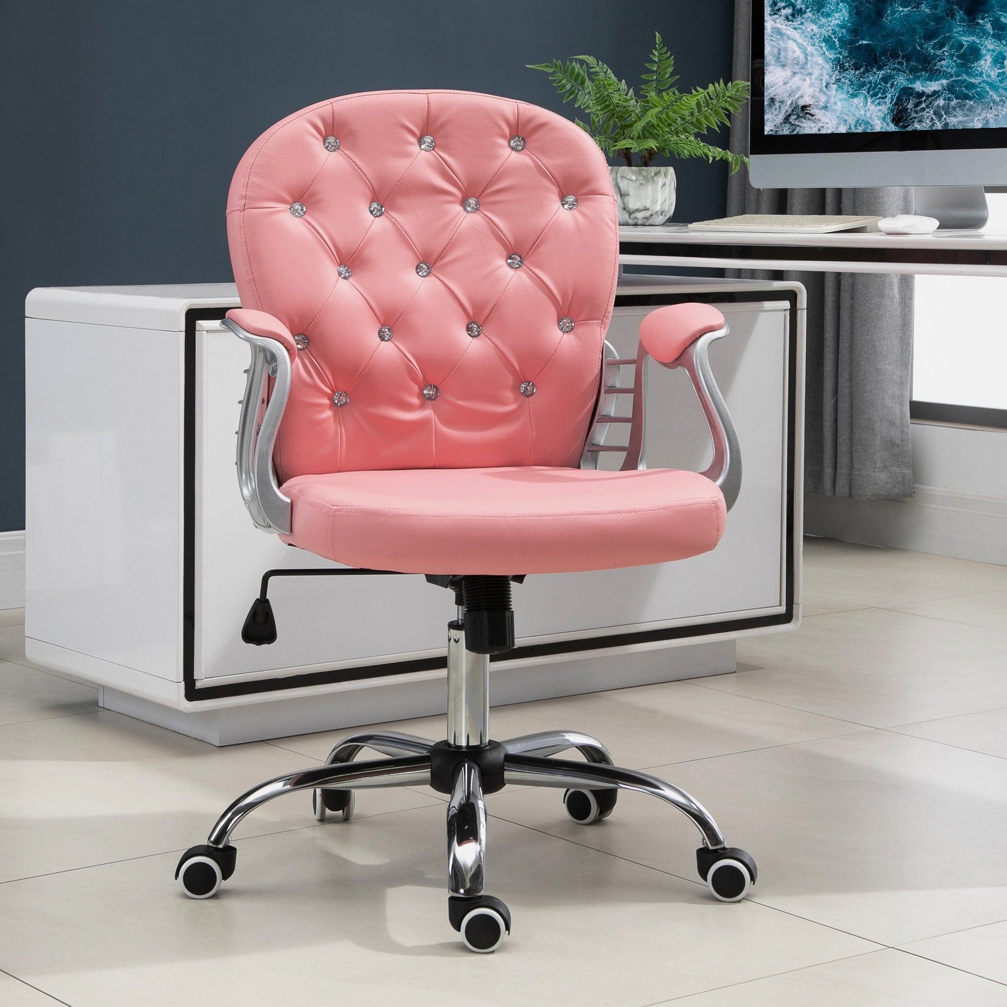 Vinsetto 360° Swivel Office Chair Vanity Style Tufted Backrest Task Chair with Height Adjustable, Armrests and Thick Padding, Pink 