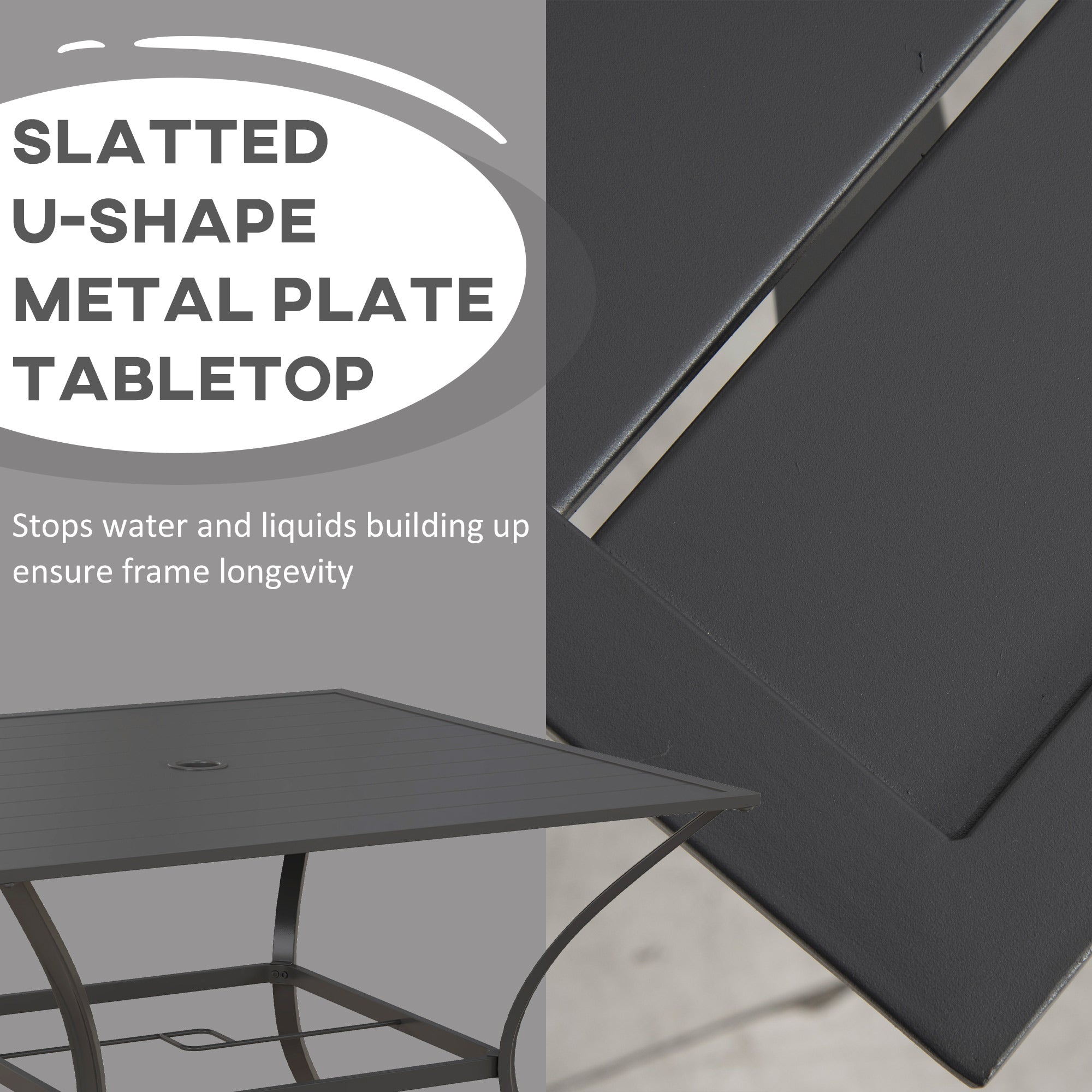 Outsunny Square Patio Dining Table with Umbrella Hole Outdoor Garden Table Slatted Metal Top for Poolside Backyard Dark Grey 