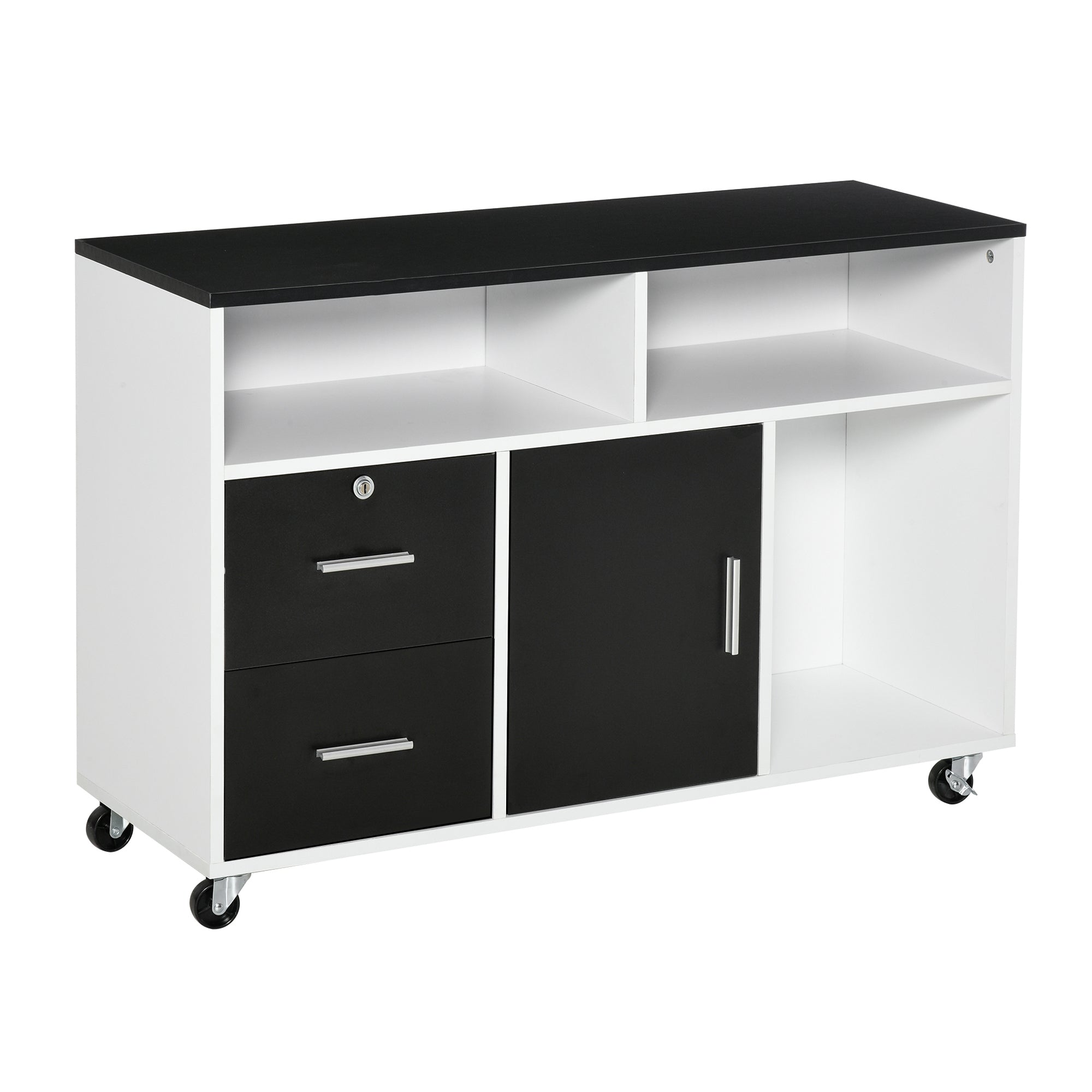 HOMCOM Mobile Lateral Filing Cabinet: Lockable Drawer Printer Stand on Wheels for Home Office, Black 