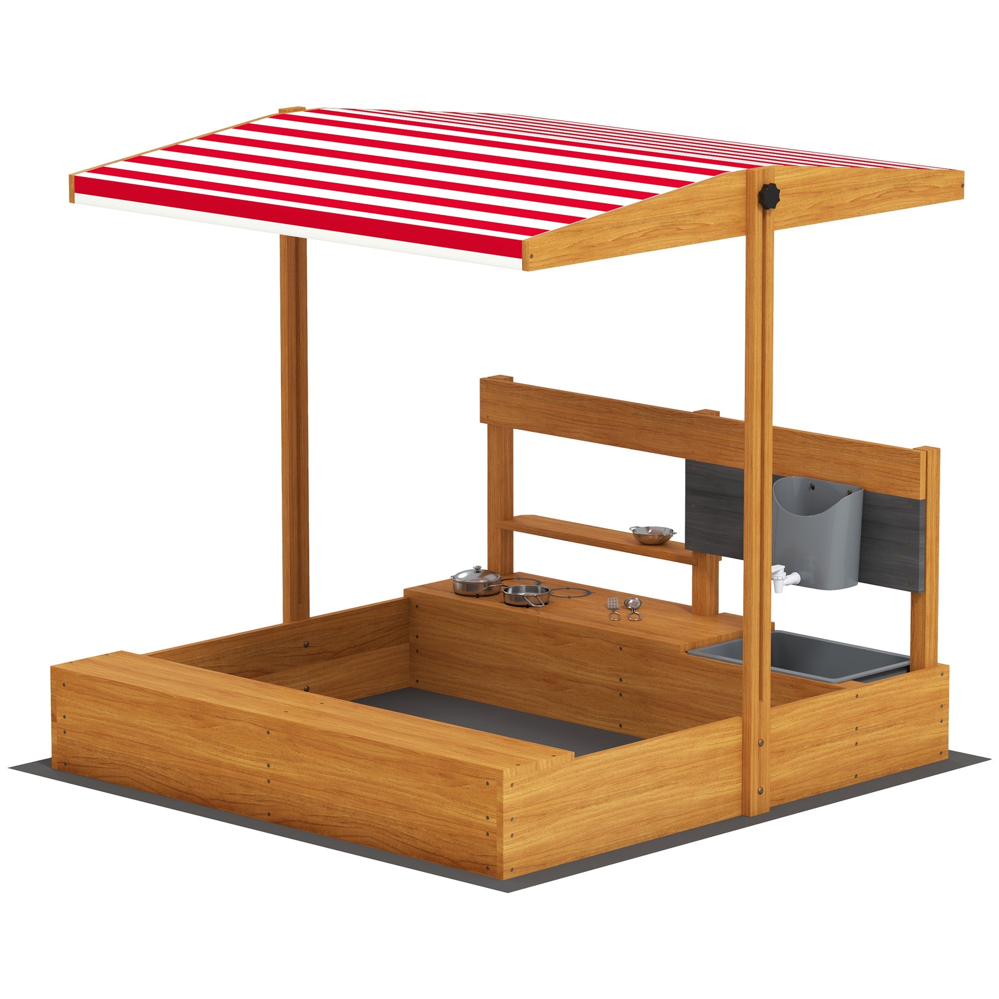 Outsunny Kids Sandbox with Cover Kitchen Playset Toys, Wooden Sand Box with Seat, Storage, for 3-7 Years Old, Red 