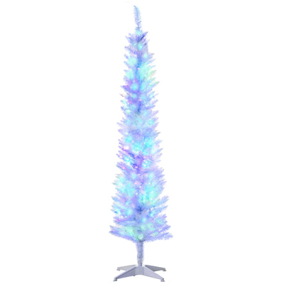 HOMCOM 6' Prelit Christmas Trees, Pencil Artificial Christmas Tree with Colourful Surface Tips, Colourful LED Lights, White 
