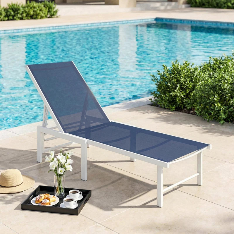 Outdoor Lounge Chair, 5-Position Reclining Outdoor Chaise Lounge Tanning Chair with Mesh Seat, Dark Blue
