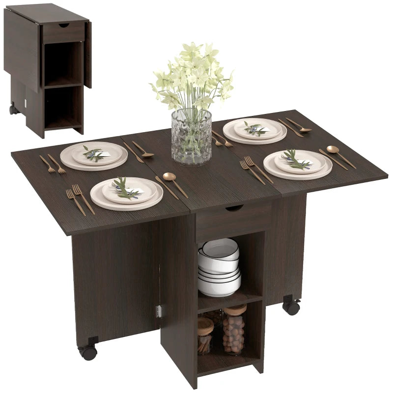 Folding Dining Table, Space Saving Drop Leaf Table with Drawer and Storage Shelves for Kitchen, Dining Room, Dark Brown