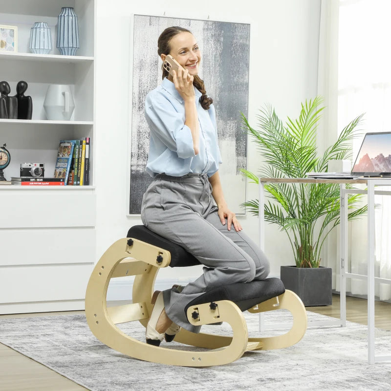 Ergonomic Kneeling Chair, Adjustable Rocking Wood Kneeling Stool, Desk Chair, Improve Posture, Black