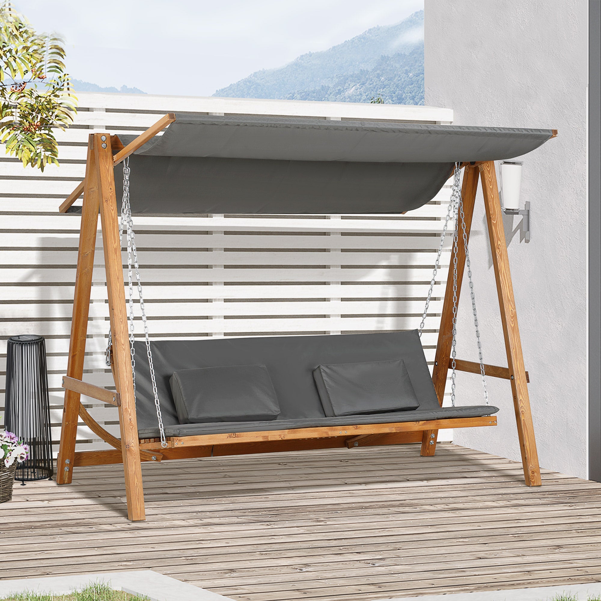 Outsunny 3 Seater Patio Swing Chair Convertible Cushioned Porch Swing Bed with Canopy, Wood Frame for Outdoor, Backyard, Garden 