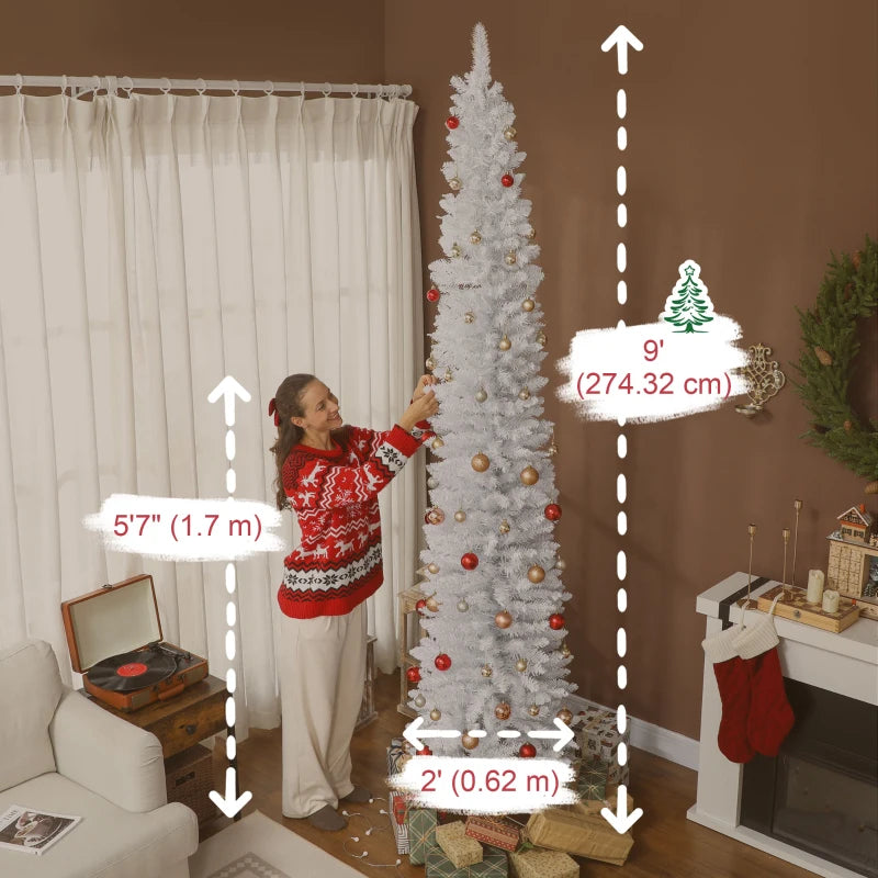 9ft Christmas Tree with Colourful DIY Synchronized LEDs, Hinged Pencil Xmas Tree with Remote, Daily Timer, White