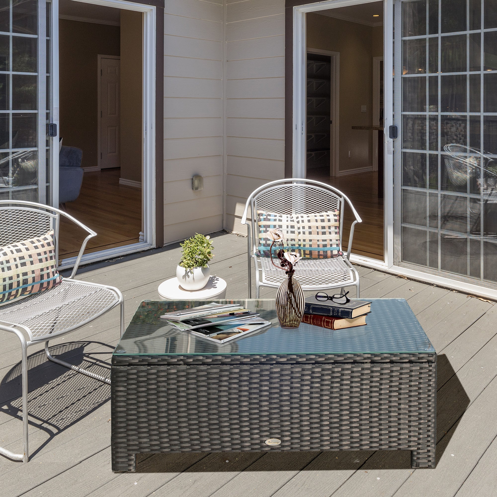 Outsunny Rattan Wicker Coffee Table with Glass Top - Black Outdoor Garden Patio Furniture 