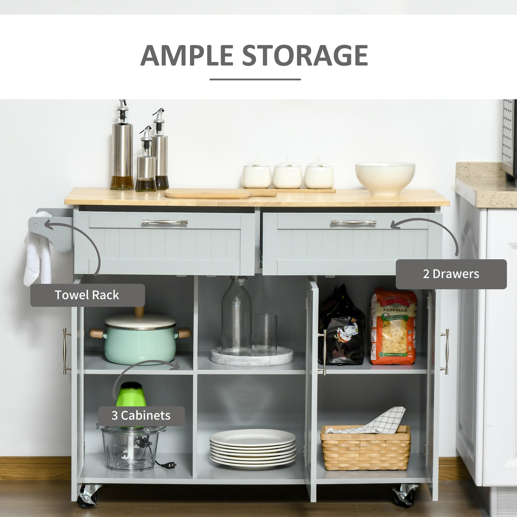 HOMCOM Multifunctional Kitchen Serving Station: Rolling Island Cart with 2 Drawers, Cabinets & Grey Finish 